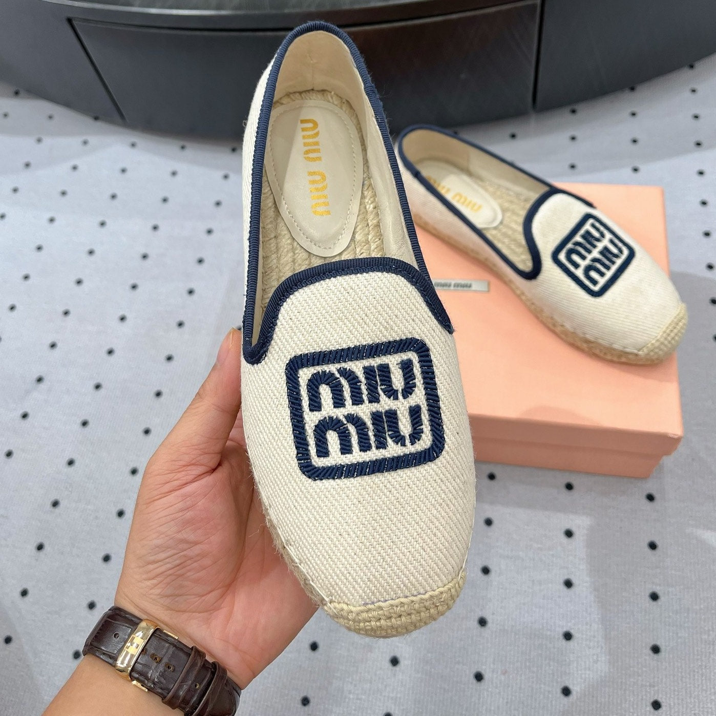 Loafer Shoes Ivory With Navy Border Fabric linen - 35