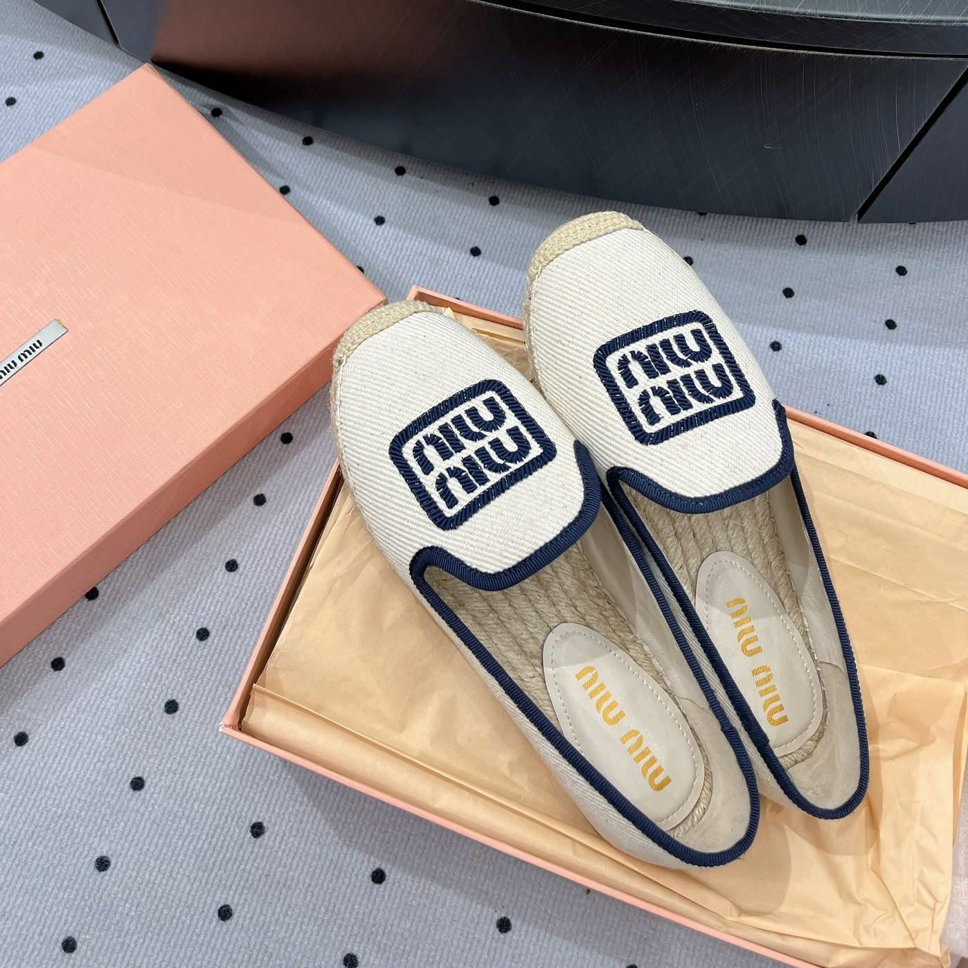 Loafer Shoes Ivory With Navy Border Fabric linen - 35