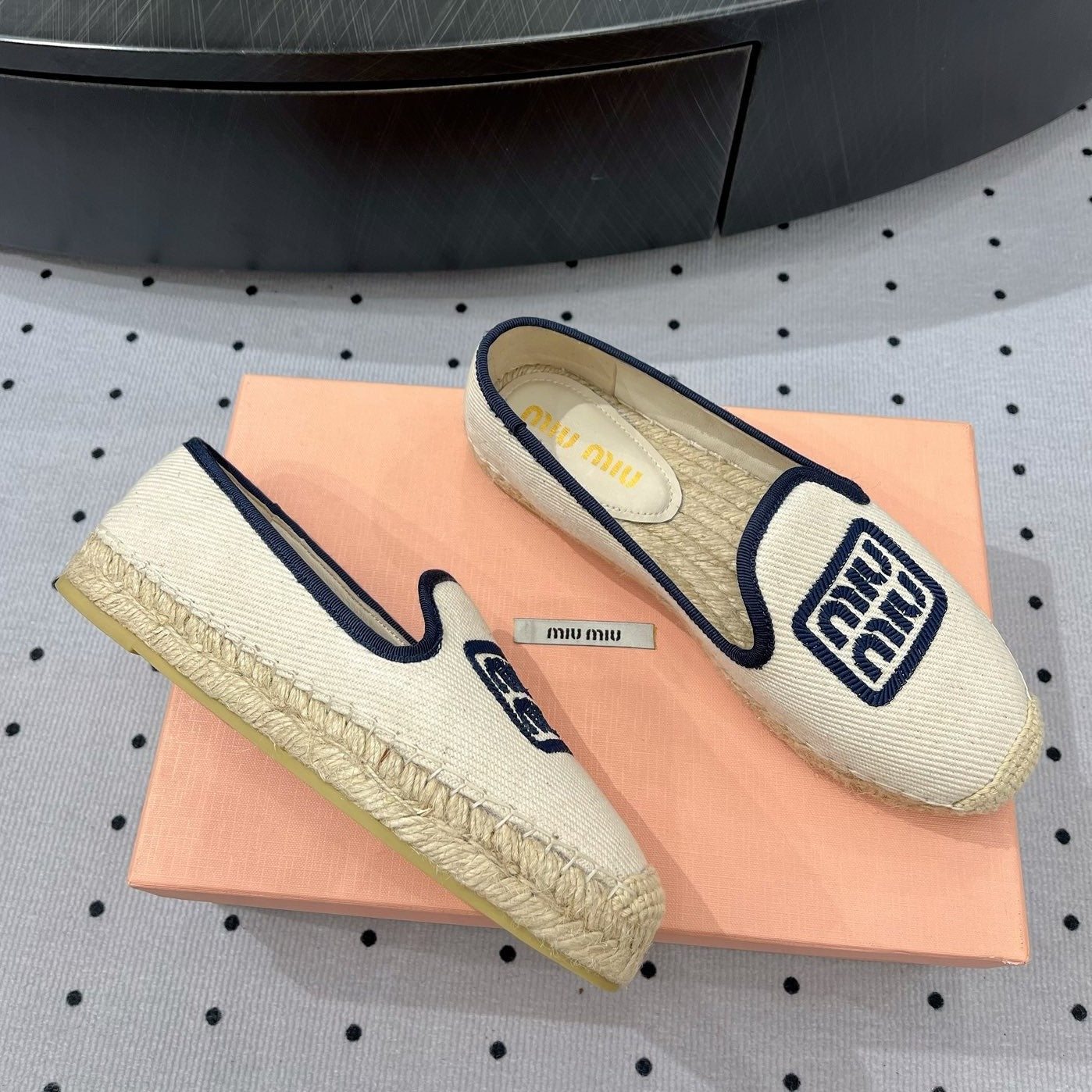 Loafer Shoes Ivory With Navy Border Fabric linen - 35