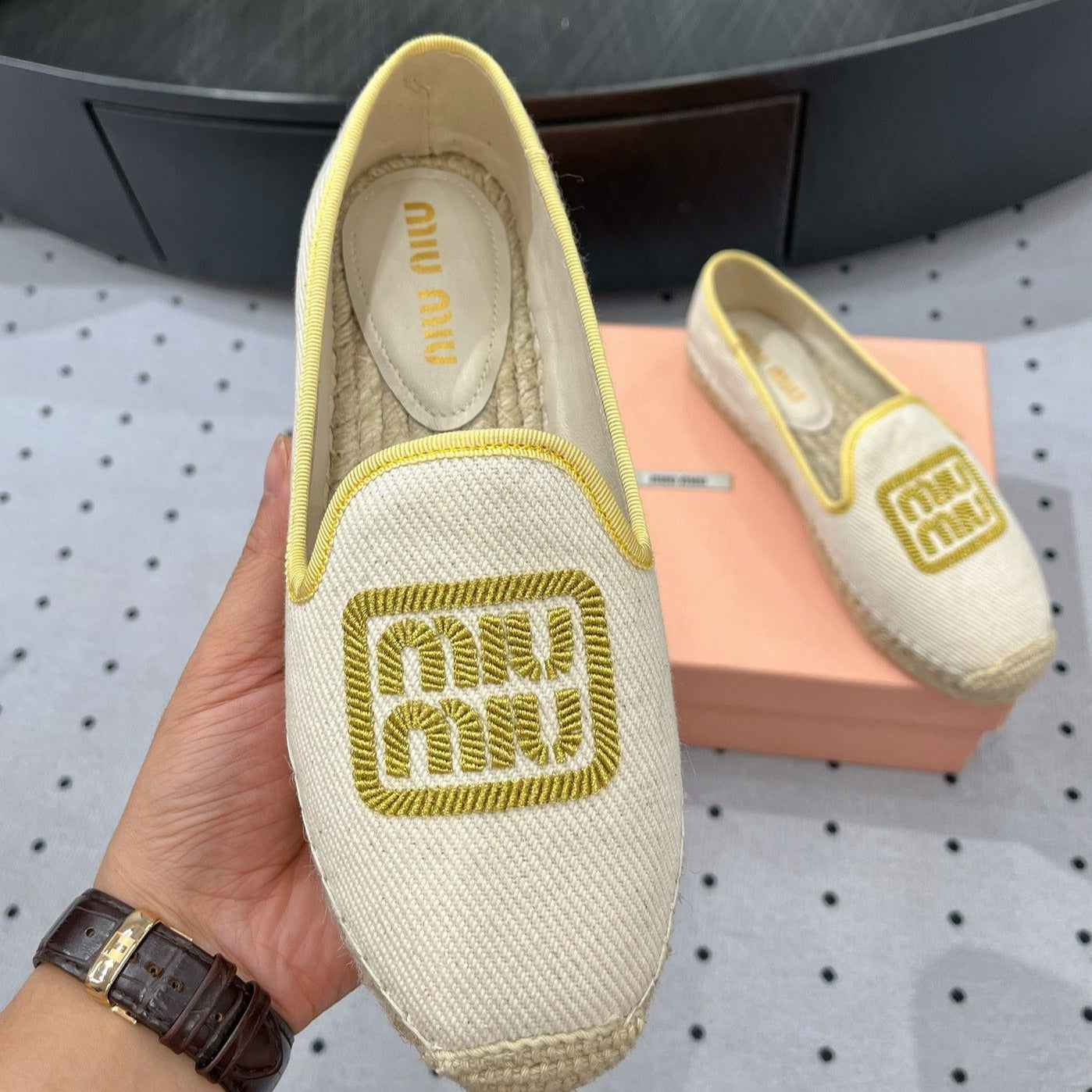 Loafer Shoes Ivory With Yellow Border Fabric Linen - 35