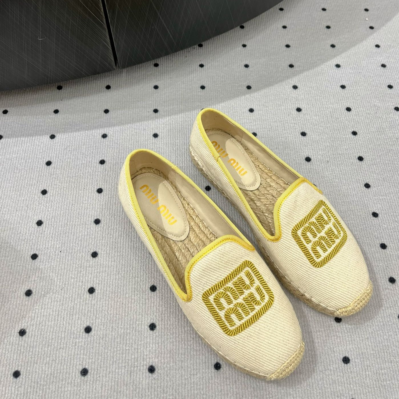 Loafer Shoes Ivory With Yellow Border Fabric Linen - 35