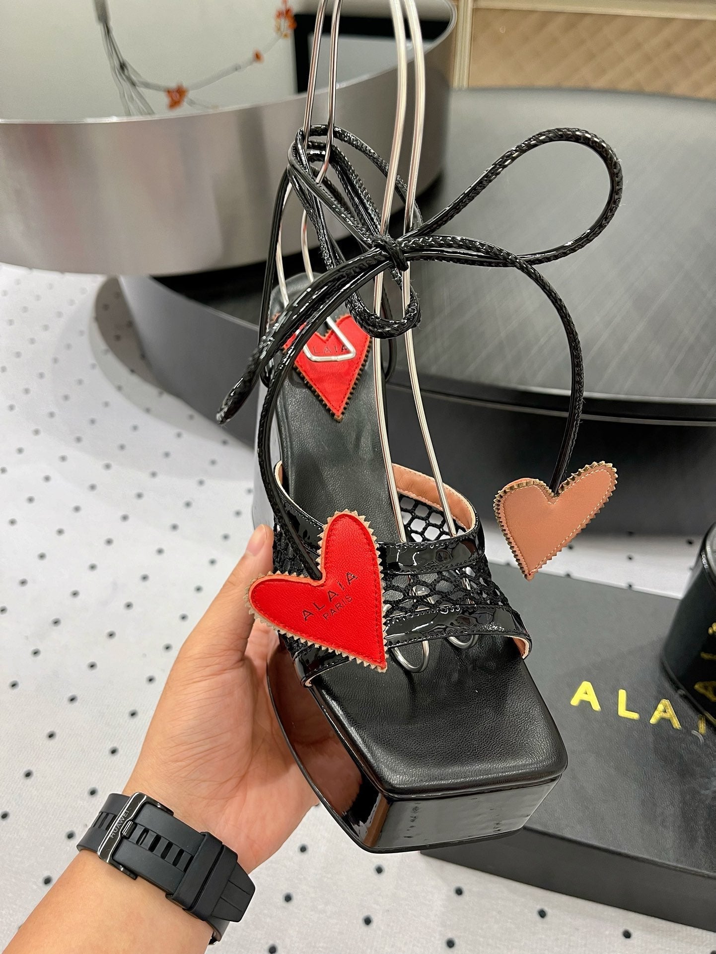 ALAIA BANQUET WEDGE SANDALS IN BLACK LAMBSKIN WITH RED HEART - 35