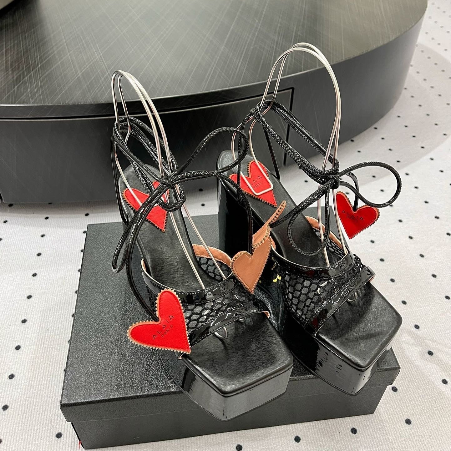 ALAIA BANQUET WEDGE SANDALS IN BLACK LAMBSKIN WITH RED HEART - 35