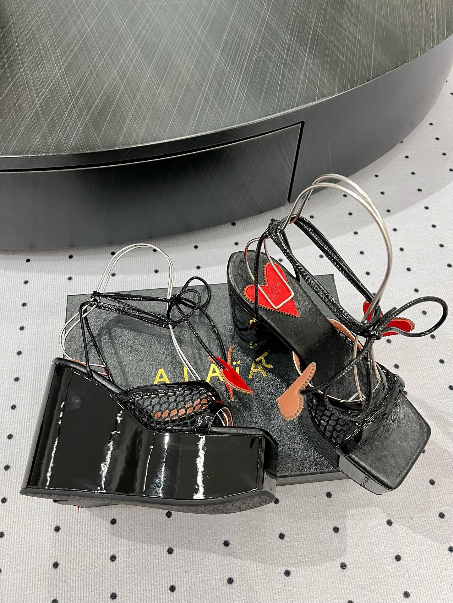 ALAIA BANQUET WEDGE SANDALS IN BLACK LAMBSKIN WITH RED HEART - 35