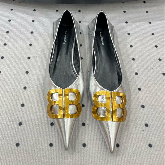 POINTED BB GOLD BUCKLE BALLET FLAT IN SILVER METALLIC SHINY CALFSKIN - 35