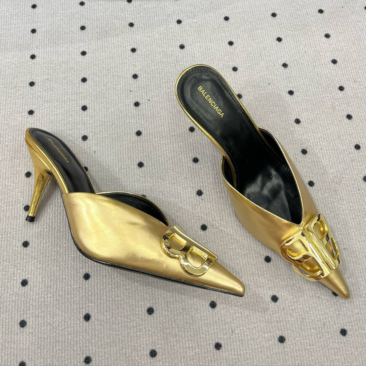 POINTED BB GOLD BUCKLE HEELED SLINGBACK IN GOLD METALLIC SHINY CALFSKIN - 35