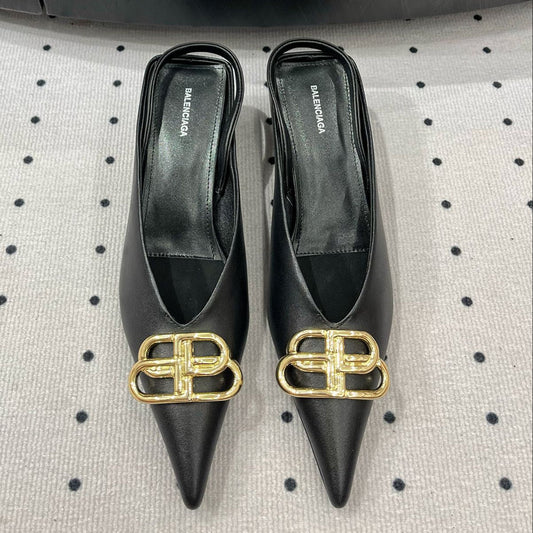 HEELED SLINGBACK 45 MM IN BLACK SMOOTH LAMBSKIN GOLD HARDWARE - 35