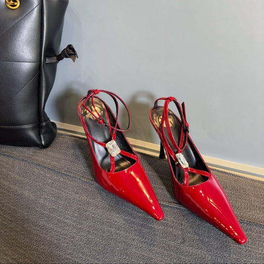 HIGH SANDAL ATTACHED GEM IN RED GLOSSY CALFSKIN - 35