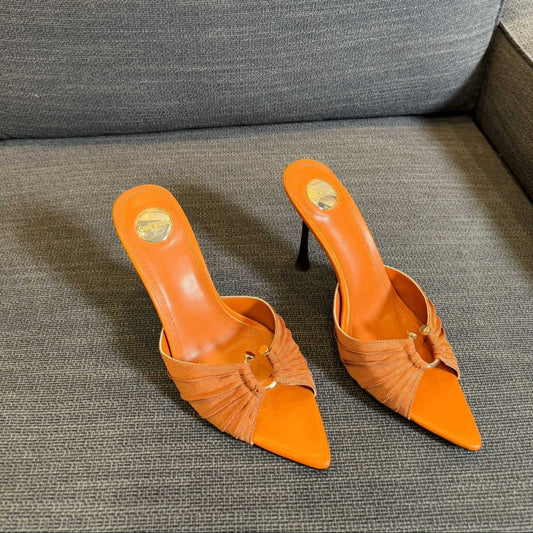 LOLA HIGH MULES IN TANGELO ORANGE SMOOTH LAMBSKIN AND DRAPED JERSEY - 35