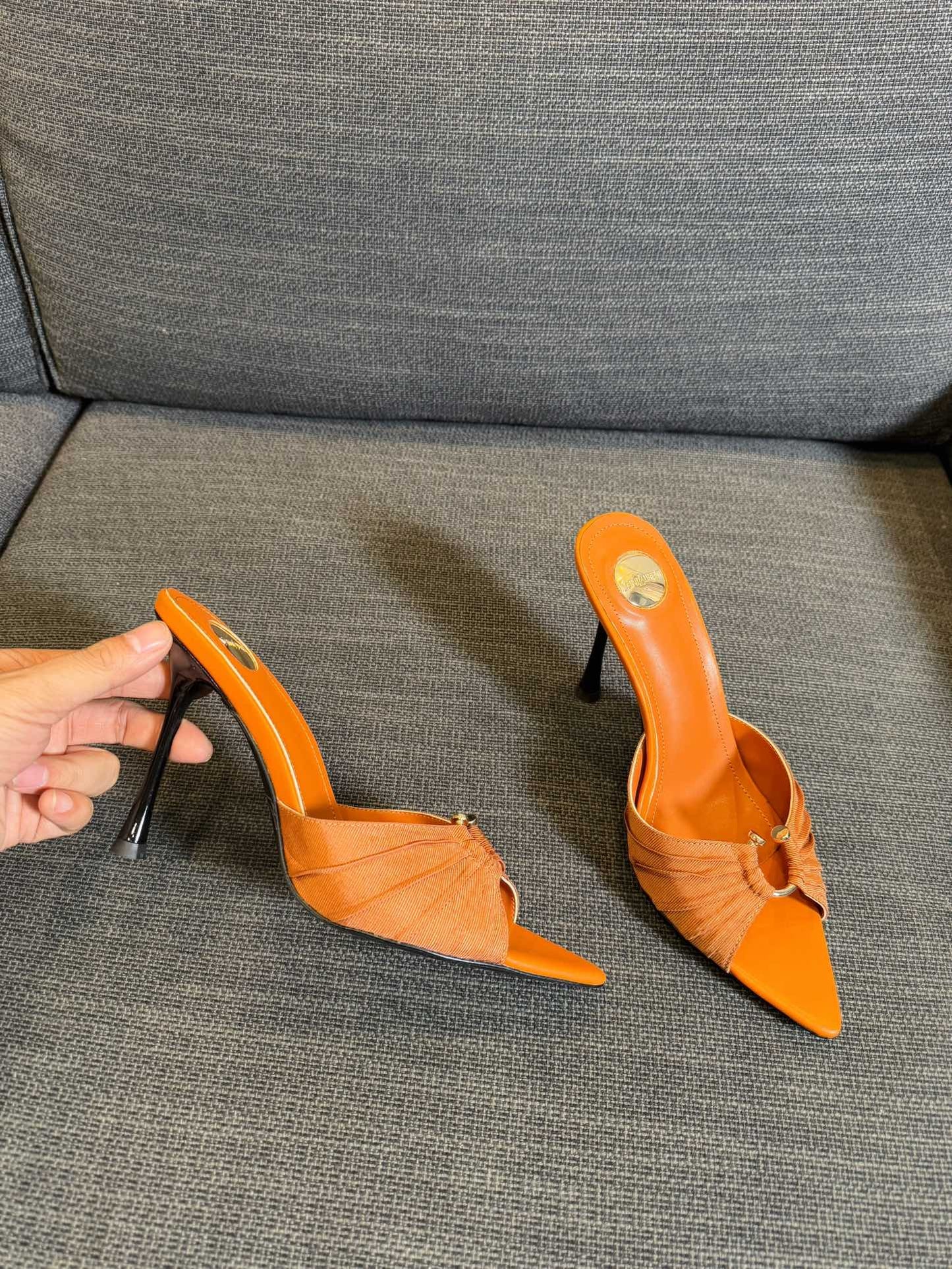 LOLA HIGH MULES IN TANGELO ORANGE SMOOTH LAMBSKIN AND DRAPED JERSEY - 35
