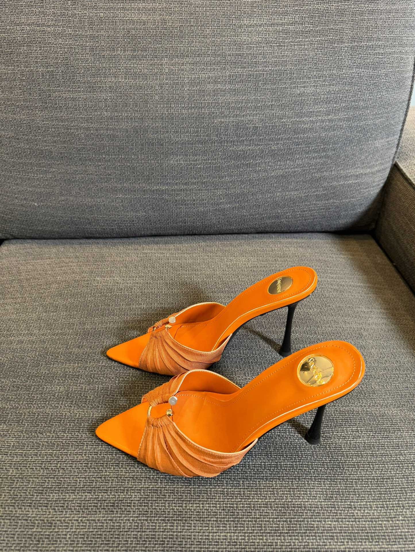 LOLA HIGH MULES IN TANGELO ORANGE SMOOTH LAMBSKIN AND DRAPED JERSEY - 35