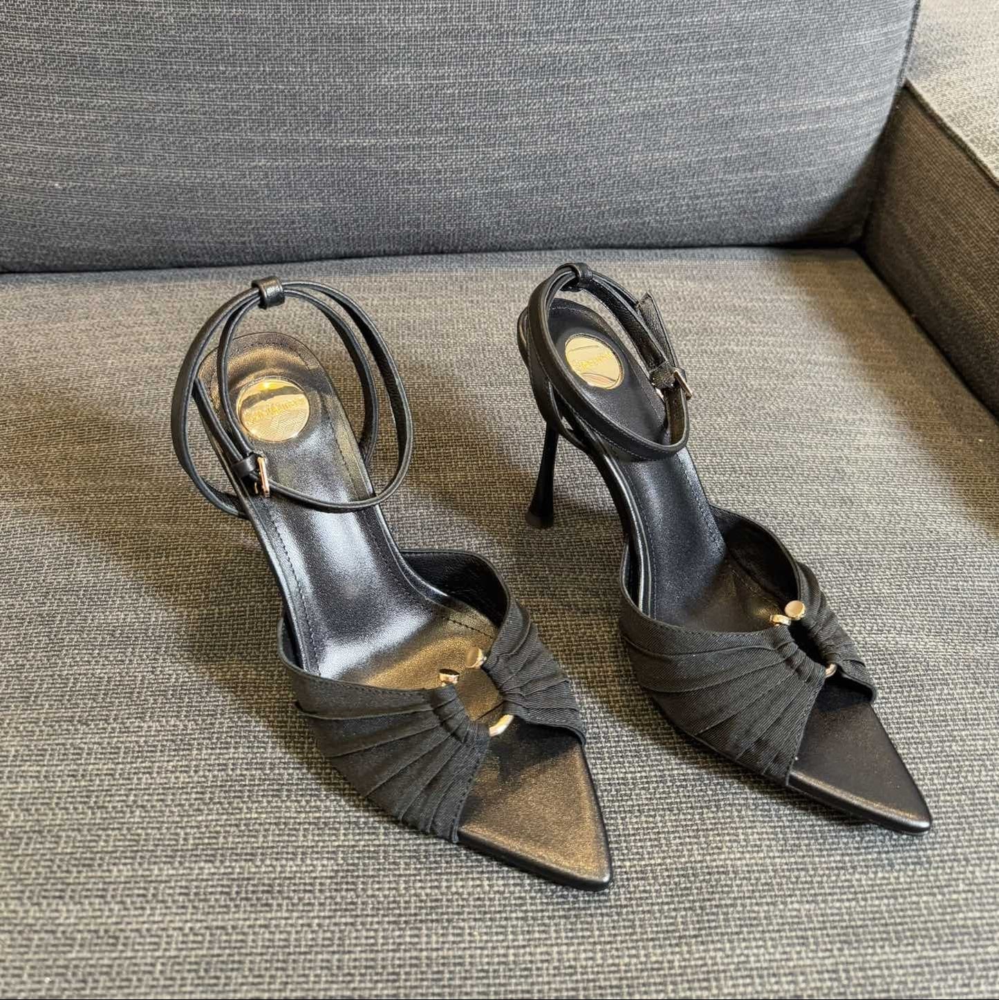 LOLA HIGH SANDALS IN BLACK SMOOTH LAMBSKIN AND DRAPED JERSEY - 35