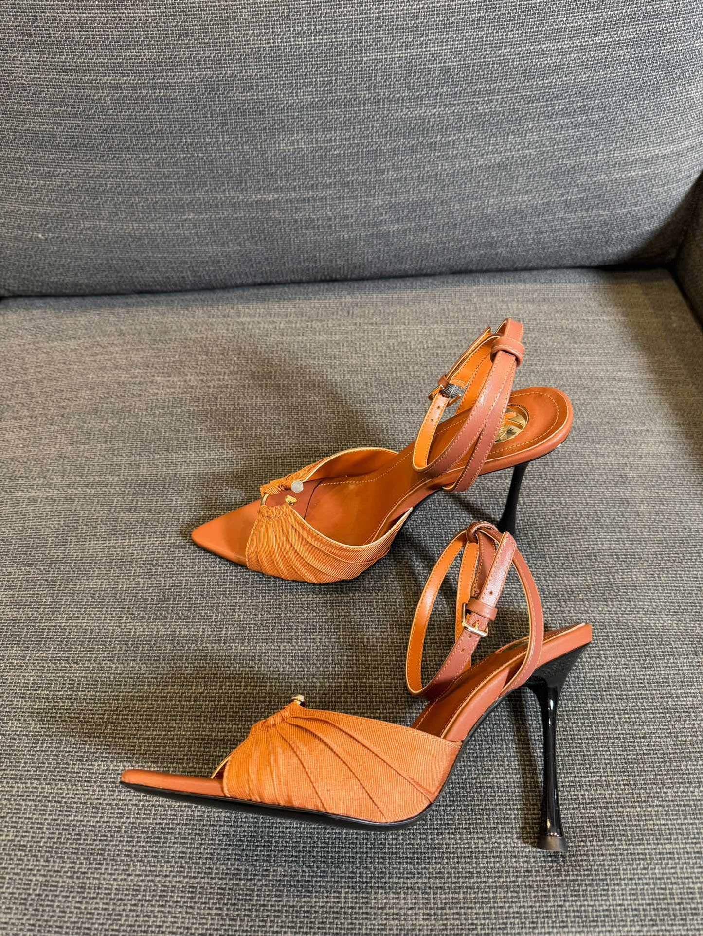 LOLA HIGH SANDALS IN TANGELO ORANGE SMOOTH LAMBSKIN AND DRAPED JERSEY - 35