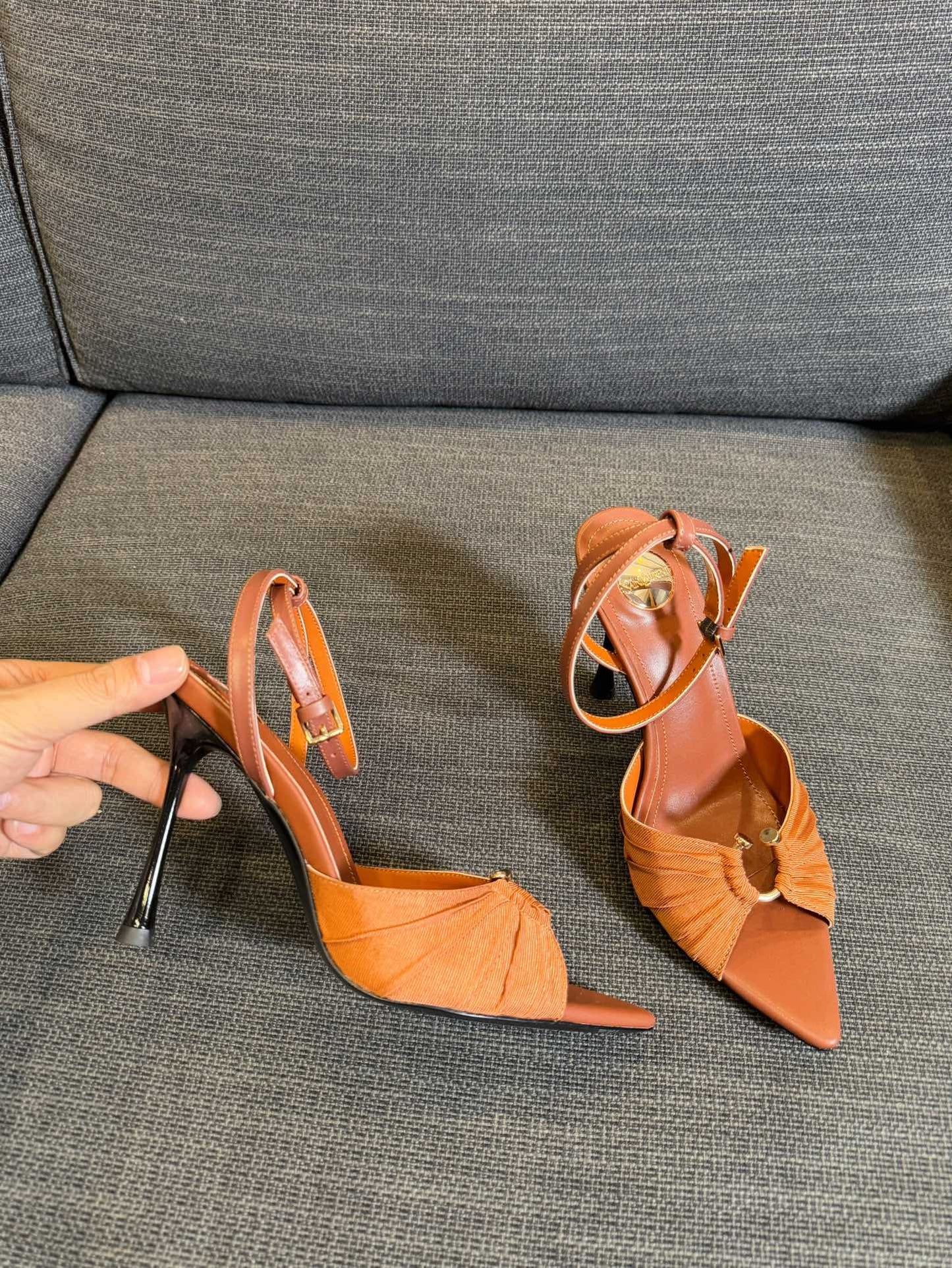 LOLA HIGH SANDALS IN TANGELO ORANGE SMOOTH LAMBSKIN AND DRAPED JERSEY - 35