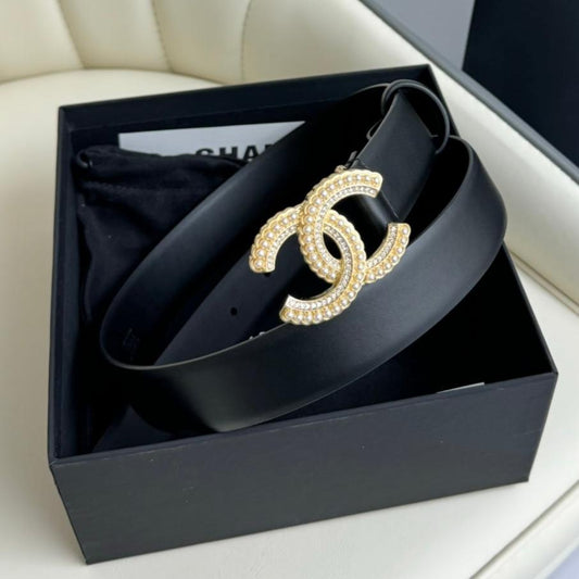 CC BELT 30MM IN BLACK SMOOTH CALFSKIN GOLD HARDWARE ATTACH PEARLS - 30