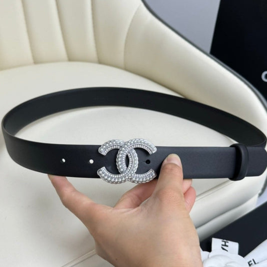 CC BELT 30MM IN BLACK SMOOTH CALFSKIN SILVER HARDWARE ATTACH PEARLS - 30