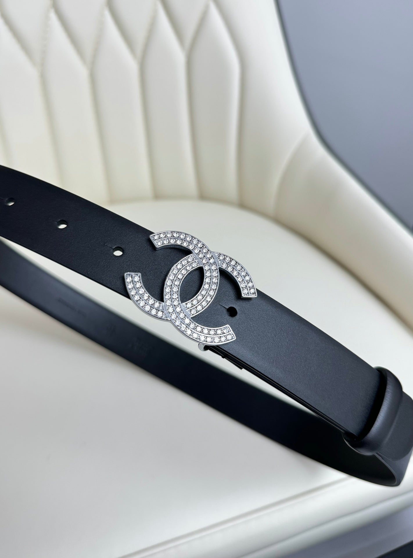 CC BELT 30MM IN BLACK SMOOTH CALFSKIN SILVER HARDWARE ATTACH RHINSTONES - 30