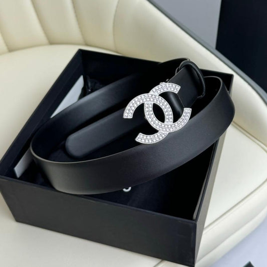 CC BELT 30MM IN BLACK SMOOTH CALFSKIN SILVER HARDWARE ATTACH RHINSTONES - 30
