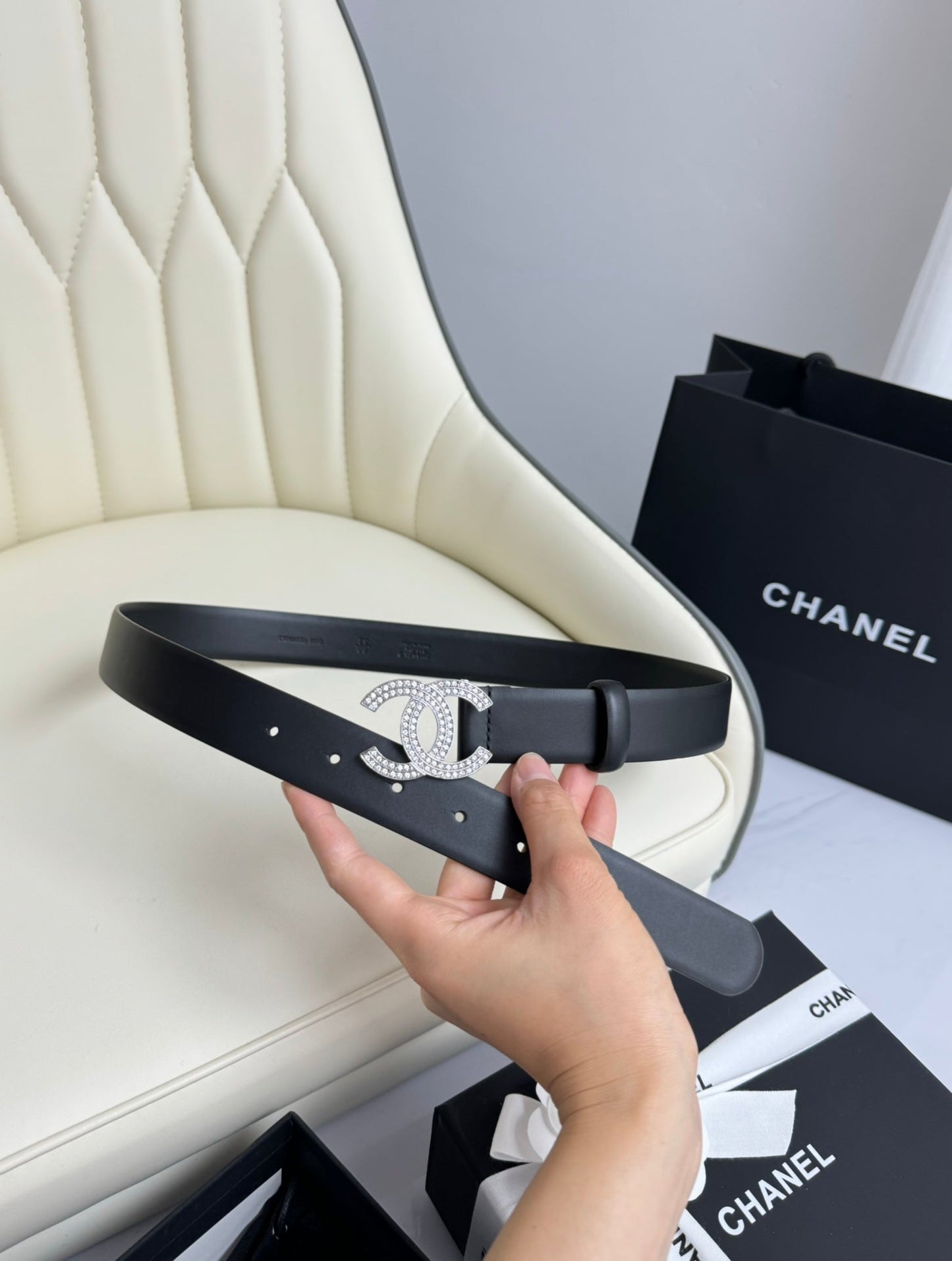 CC BELT 30MM IN BLACK SMOOTH CALFSKIN SILVER HARDWARE ATTACH RHINSTONES - 30