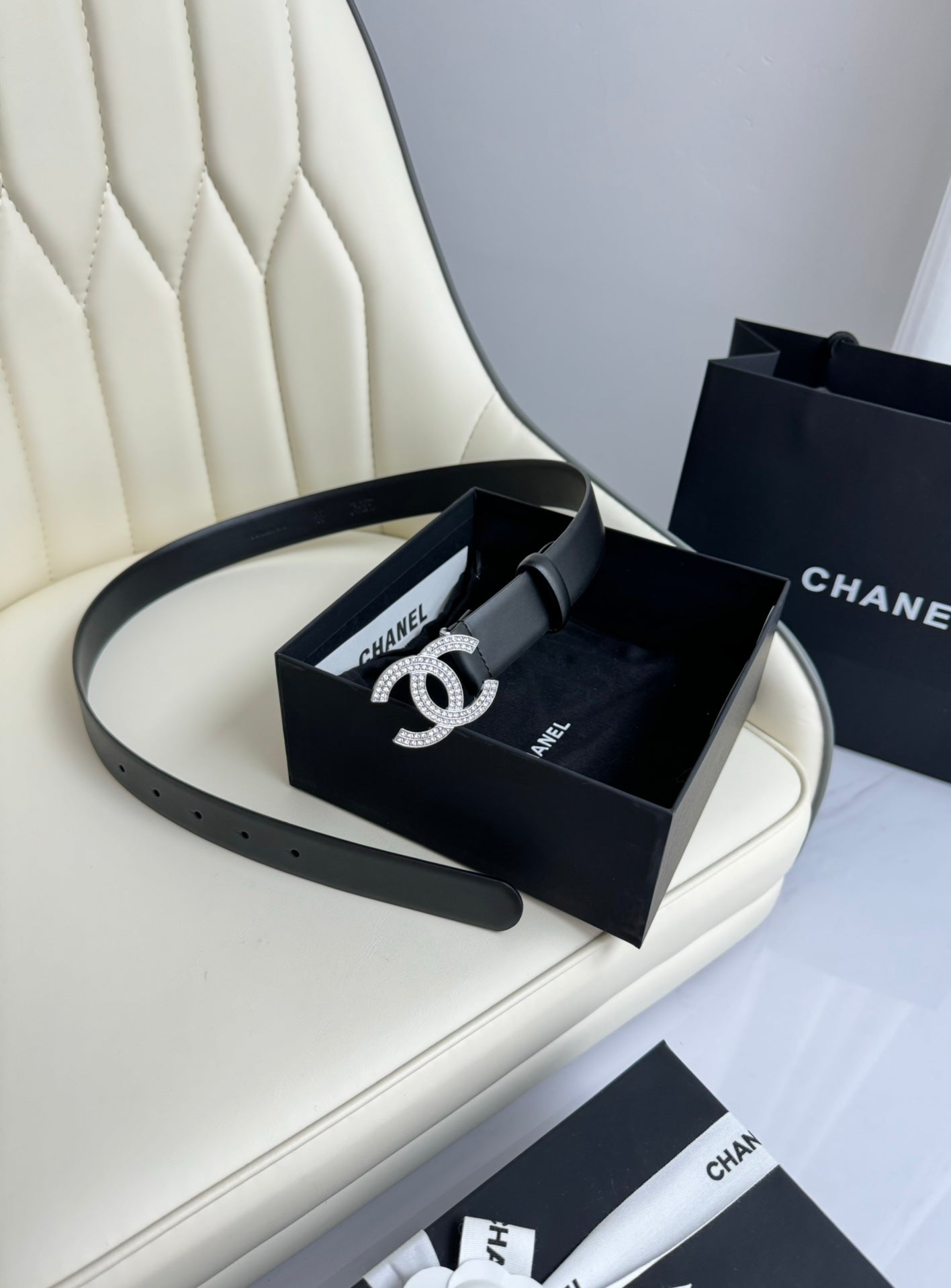 CC BELT 30MM IN BLACK SMOOTH CALFSKIN SILVER HARDWARE ATTACH RHINSTONES - 30