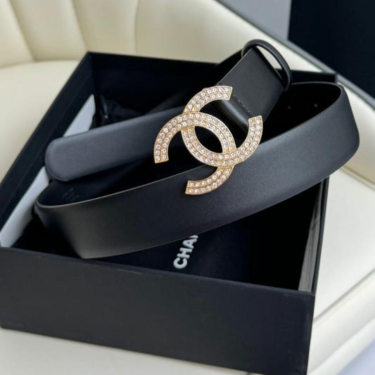 CC BELT 30MM IN BLACK SMOOTH CALFSKIN GOLD HARDWARE ATTACH RHINSTONES - 30