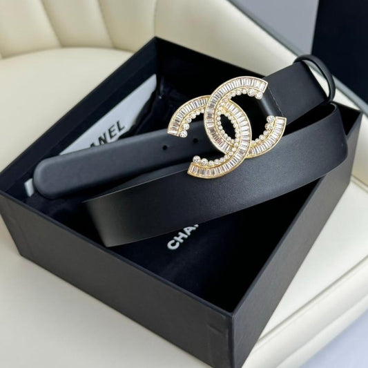 CC BELT 30MM IN BLACK SMOOTH CALFSKIN GOLD HARDWARE ATTACH RHINSTONE - 30