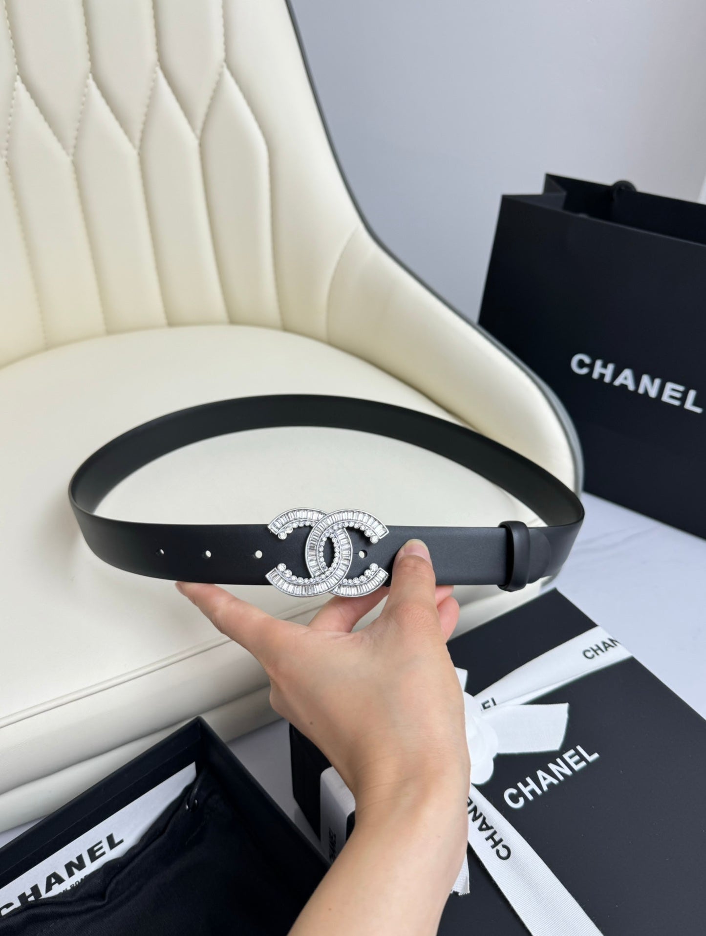 CC BELT 30MM IN BLACK SMOOTH CALFSKIN SILVER HARDWARE ATTACH RHINSTONE - 30