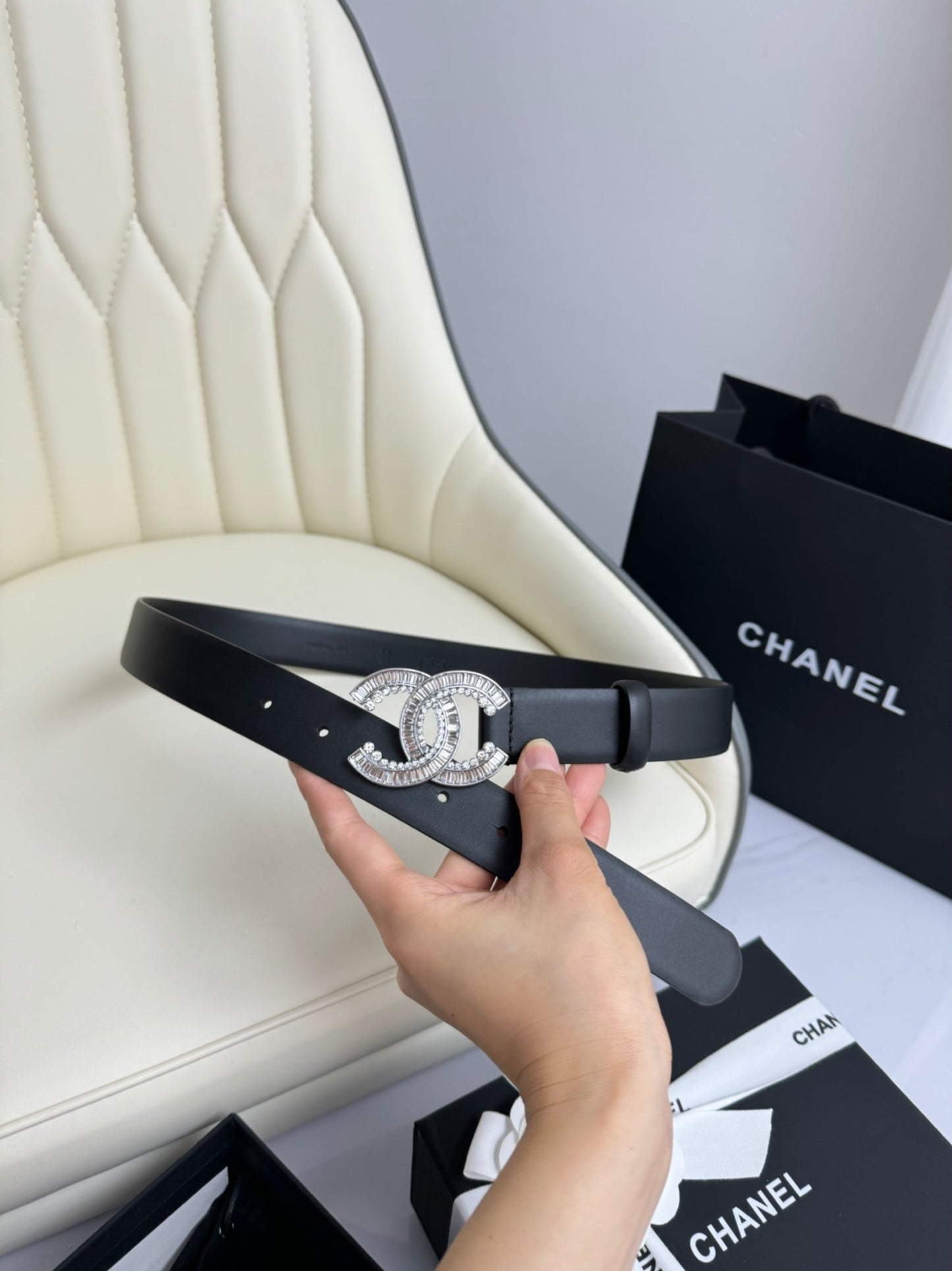 CC BELT 30MM IN BLACK SMOOTH CALFSKIN SILVER HARDWARE ATTACH RHINSTONE - 30
