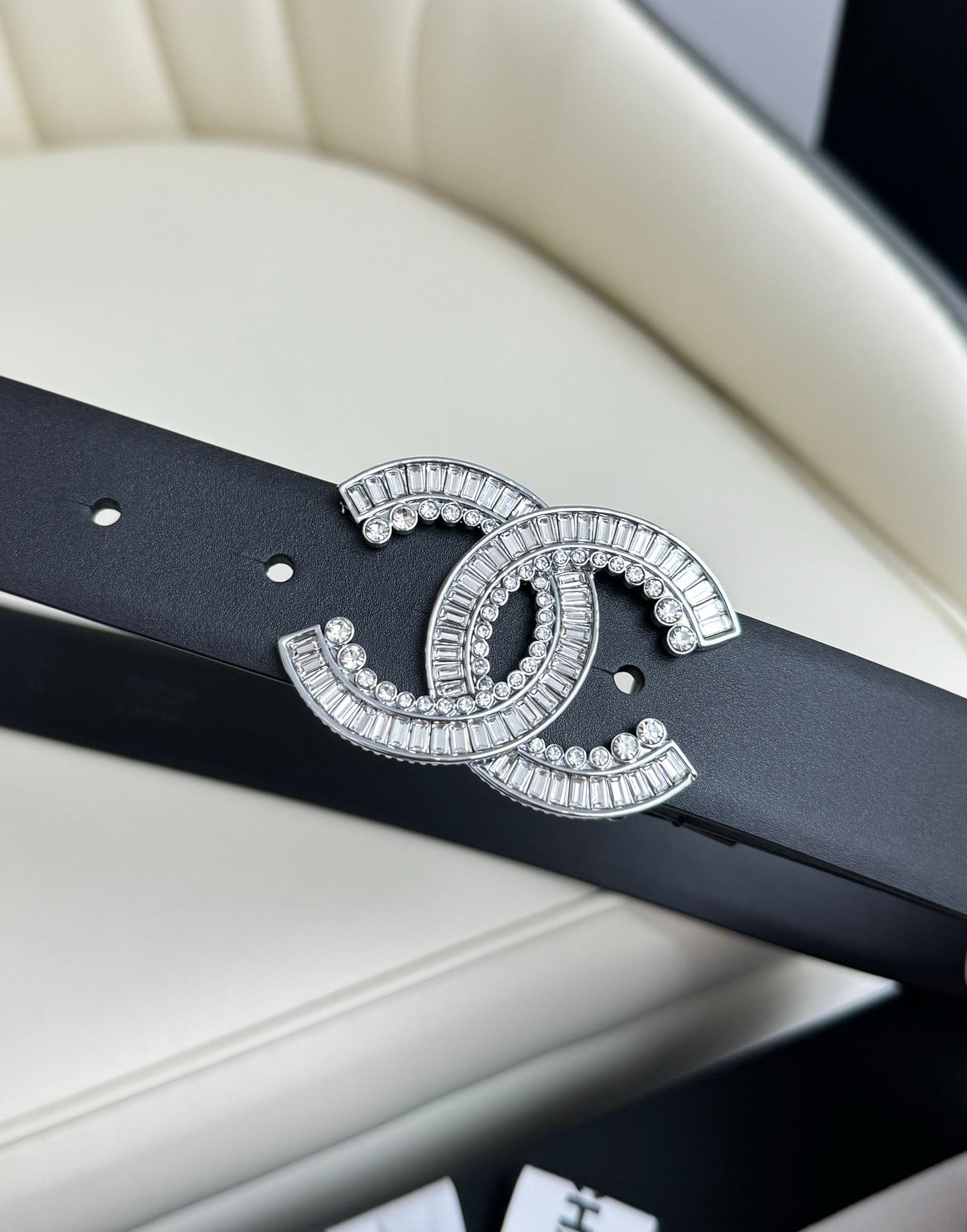 CC BELT 30MM IN BLACK SMOOTH CALFSKIN SILVER HARDWARE ATTACH RHINSTONE - 30
