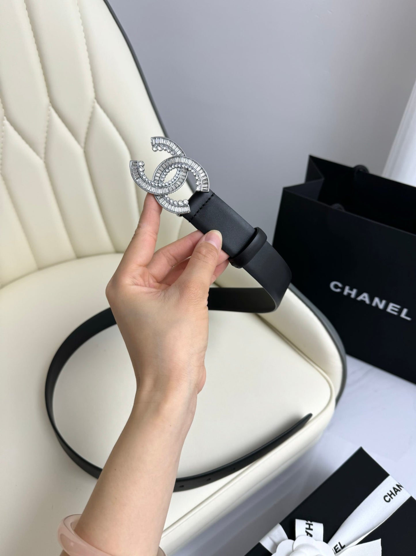 CC BELT 30MM IN BLACK SMOOTH CALFSKIN SILVER HARDWARE ATTACH RHINSTONE - 30