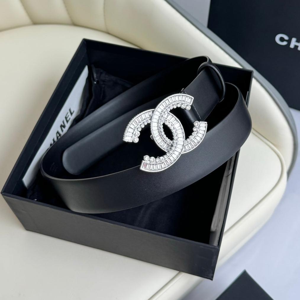 CC BELT 30MM IN BLACK SMOOTH CALFSKIN SILVER HARDWARE ATTACH RHINSTONE - 30