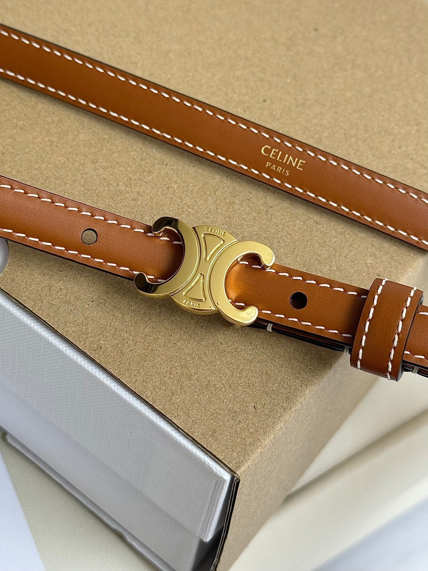 MINI TRIOMPHE BELT 13 MM BRONZE BROWN LEATHER GOLD HARDWARE - 30