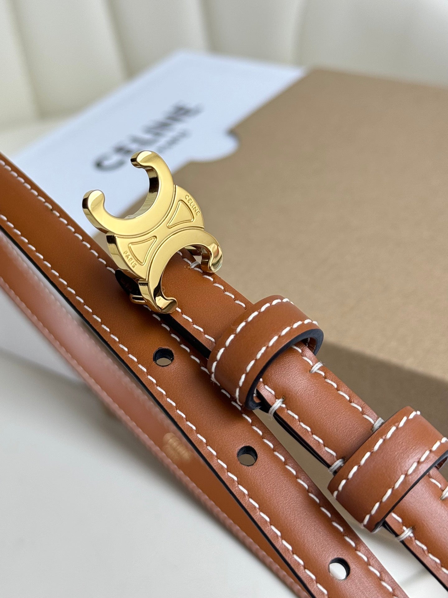 MINI TRIOMPHE BELT 13 MM BRONZE BROWN LEATHER GOLD HARDWARE - 30