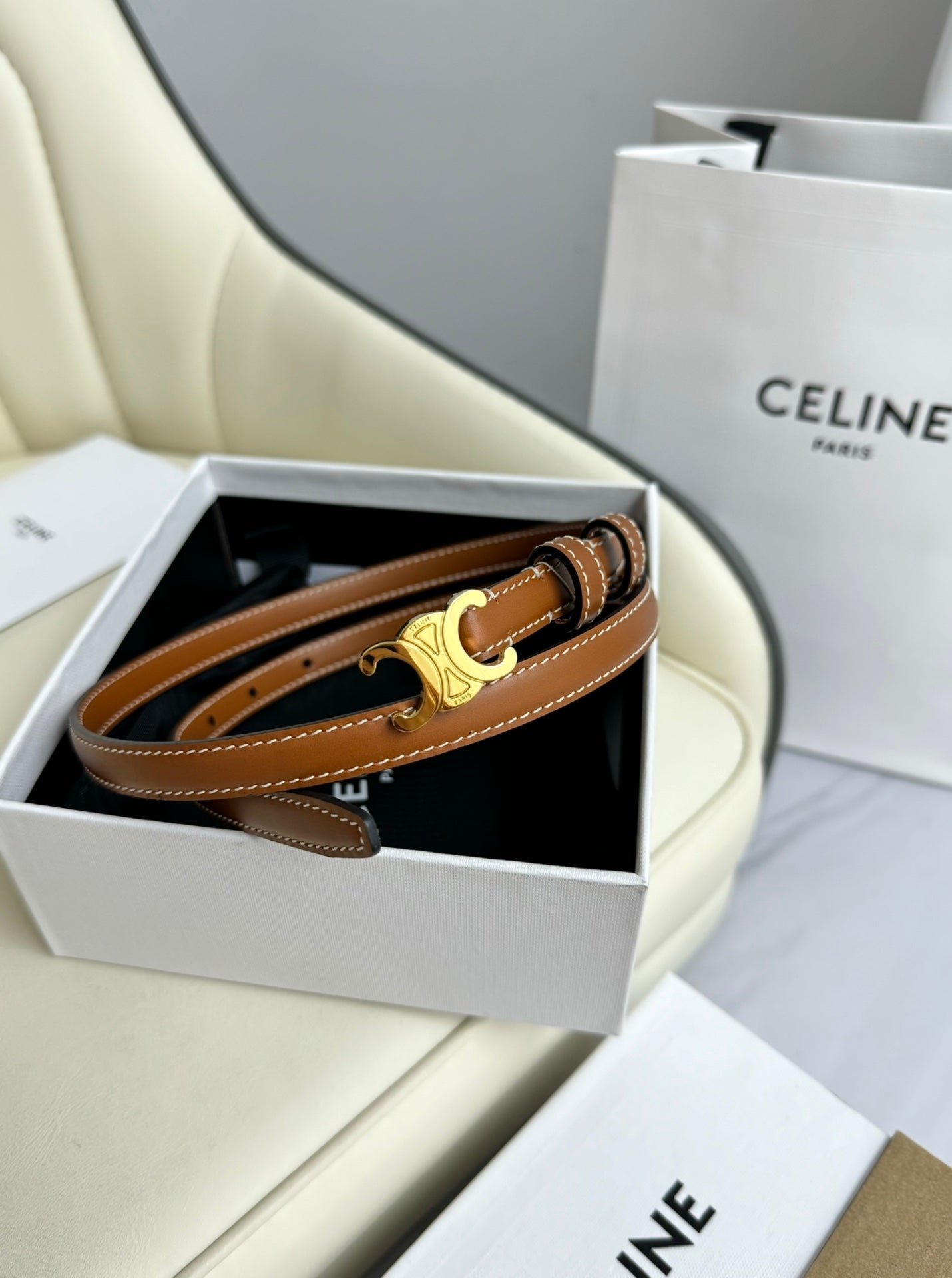 MINI TRIOMPHE BELT 13 MM BRONZE BROWN LEATHER GOLD HARDWARE - 30