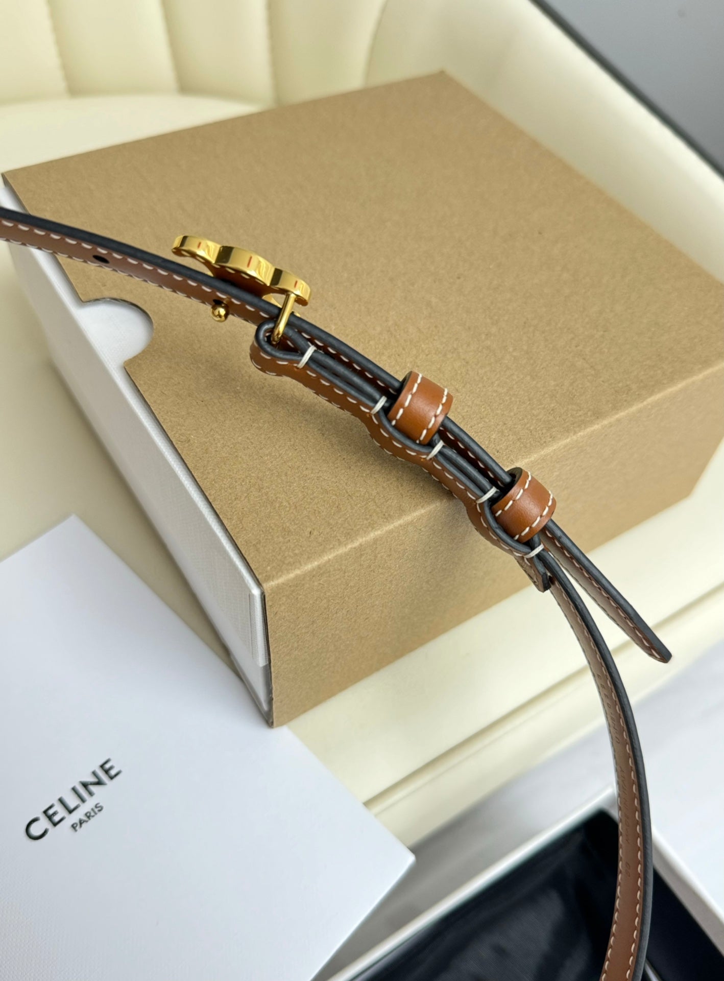 MINI TRIOMPHE BELT 13 MM BRONZE BROWN LEATHER GOLD HARDWARE - 30