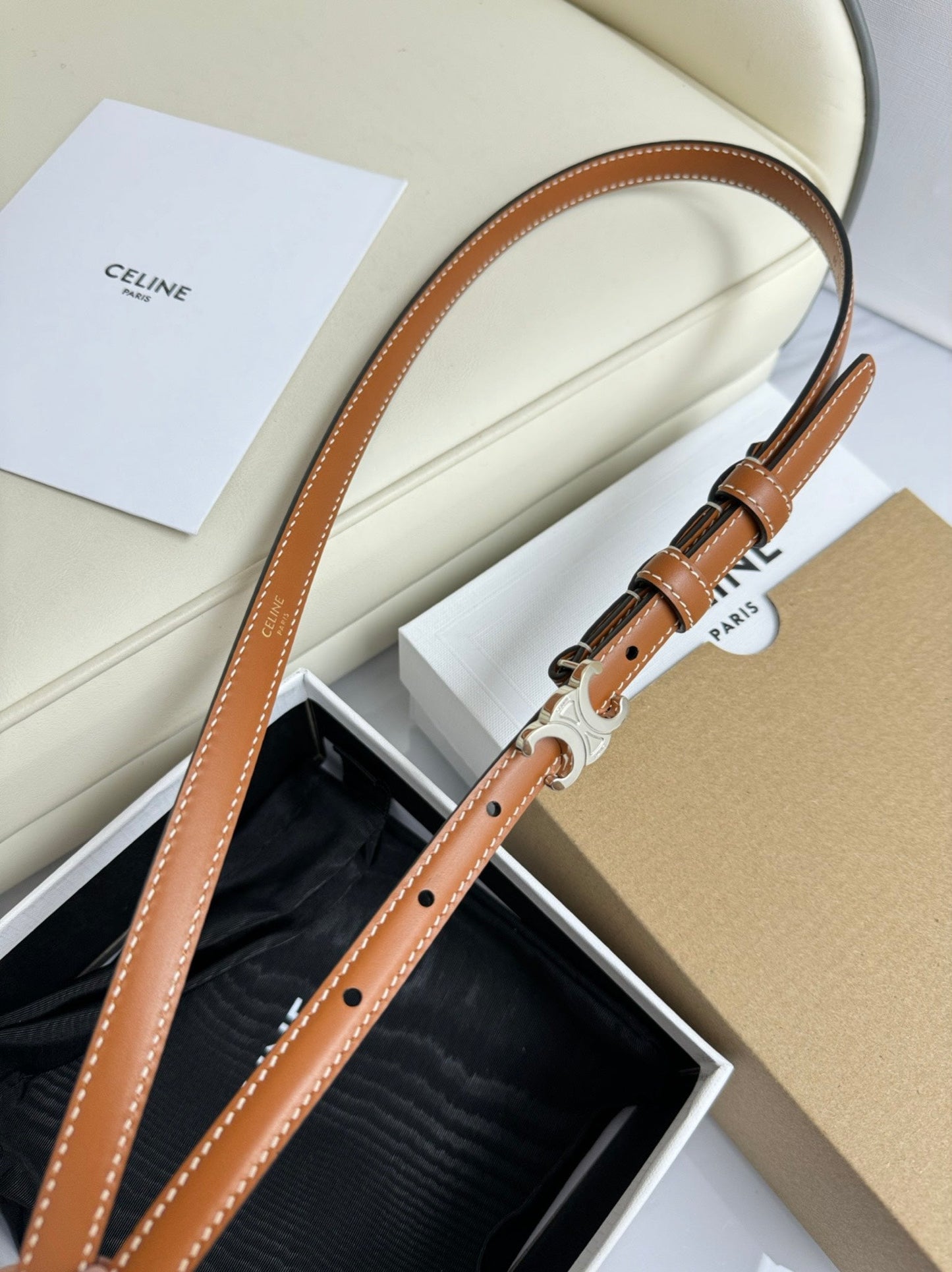 MINI TRIOMPHE BELT 13 MM BRONZE BROWN LEATHER SILVER HARDWARE - 30