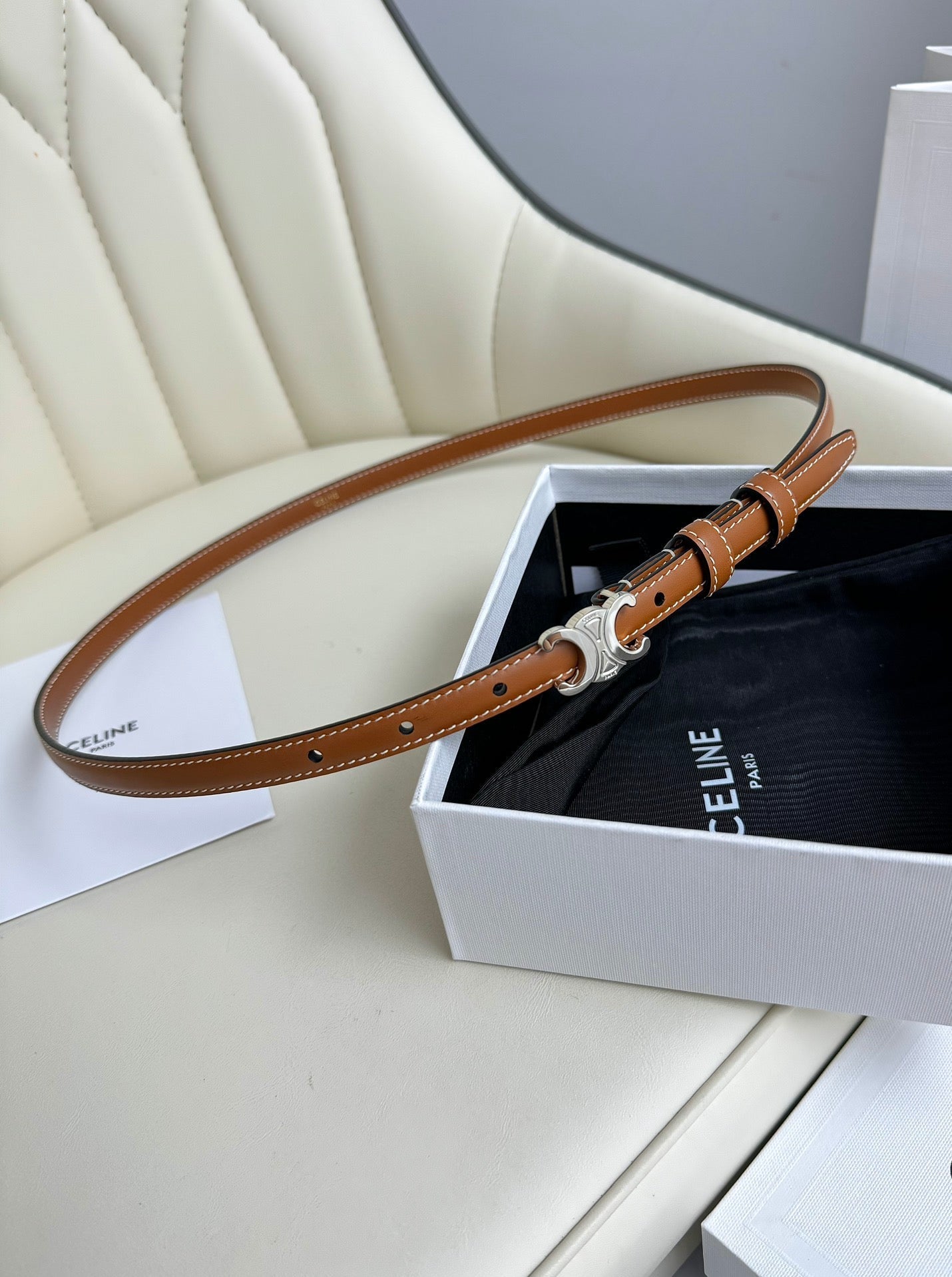 MINI TRIOMPHE BELT 13 MM BRONZE BROWN LEATHER SILVER HARDWARE - 30