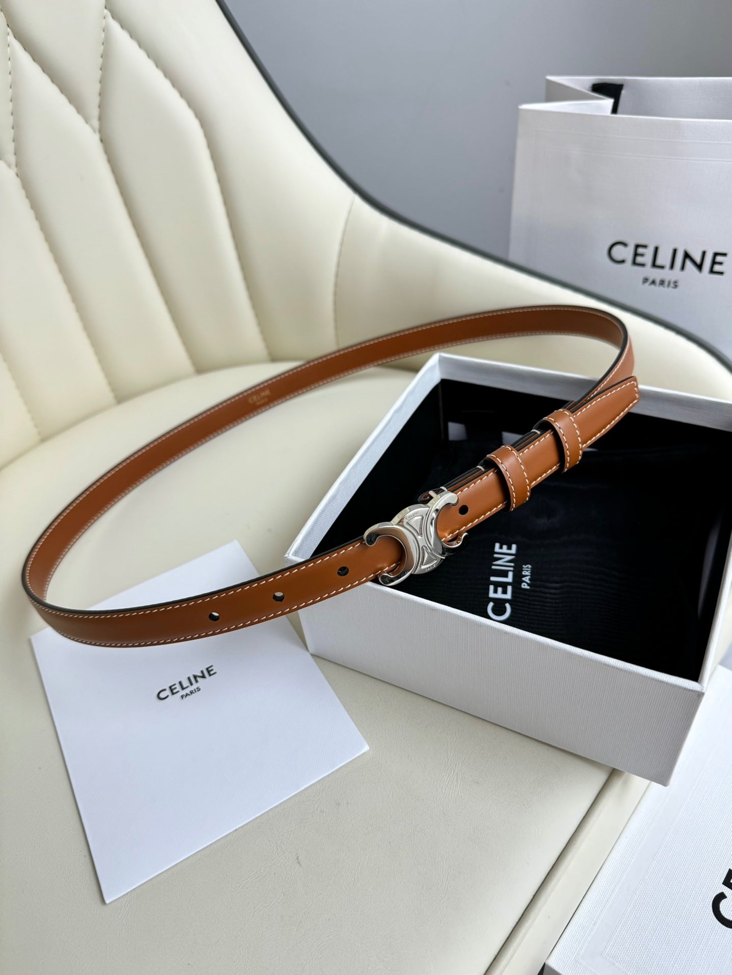 MINI TRIOMPHE BELT 13 MM BRONZE BROWN LEATHER SILVER HARDWARE - 30