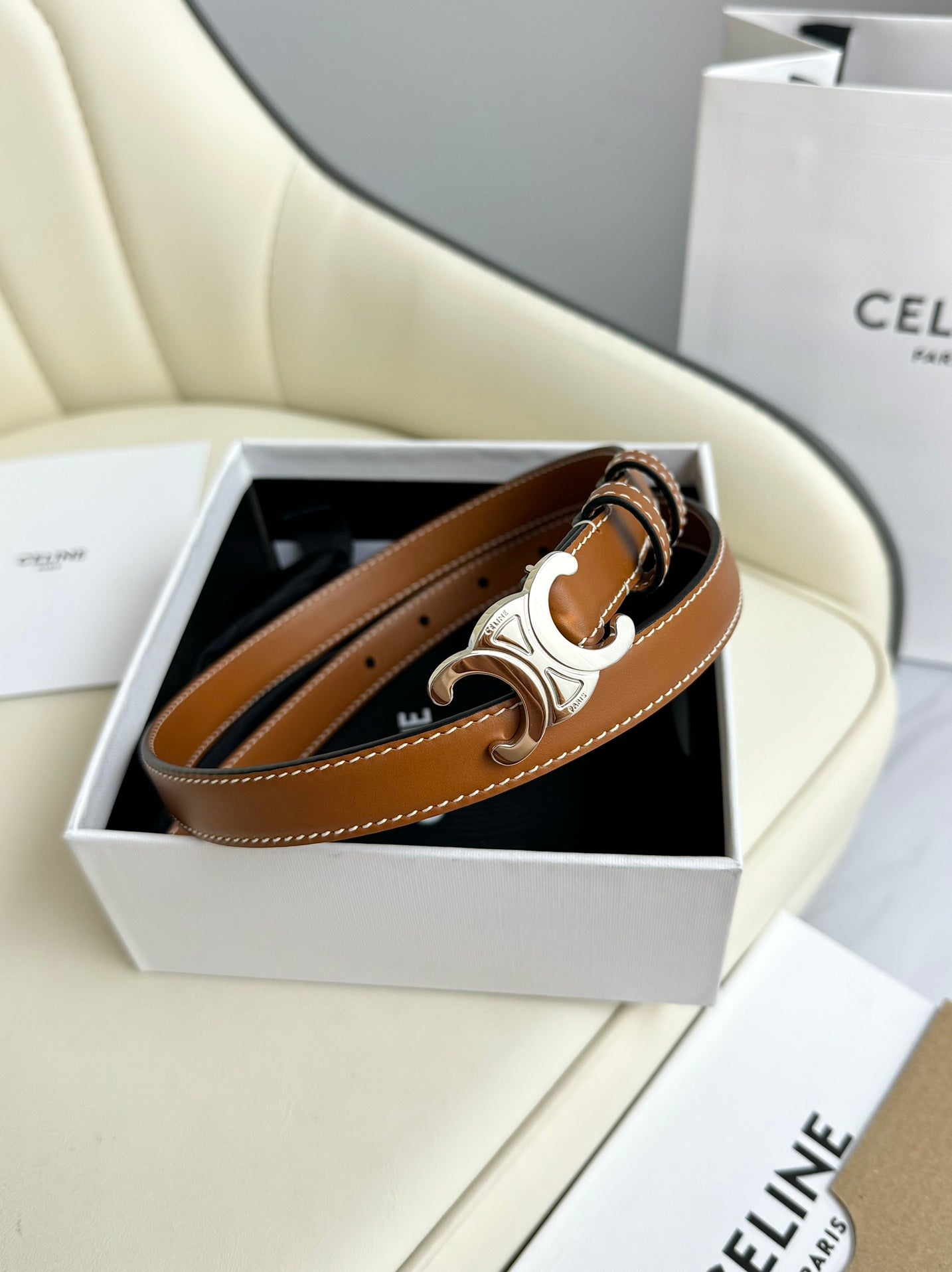 MINI TRIOMPHE BELT 13 MM BRONZE BROWN LEATHER SILVER HARDWARE - 30
