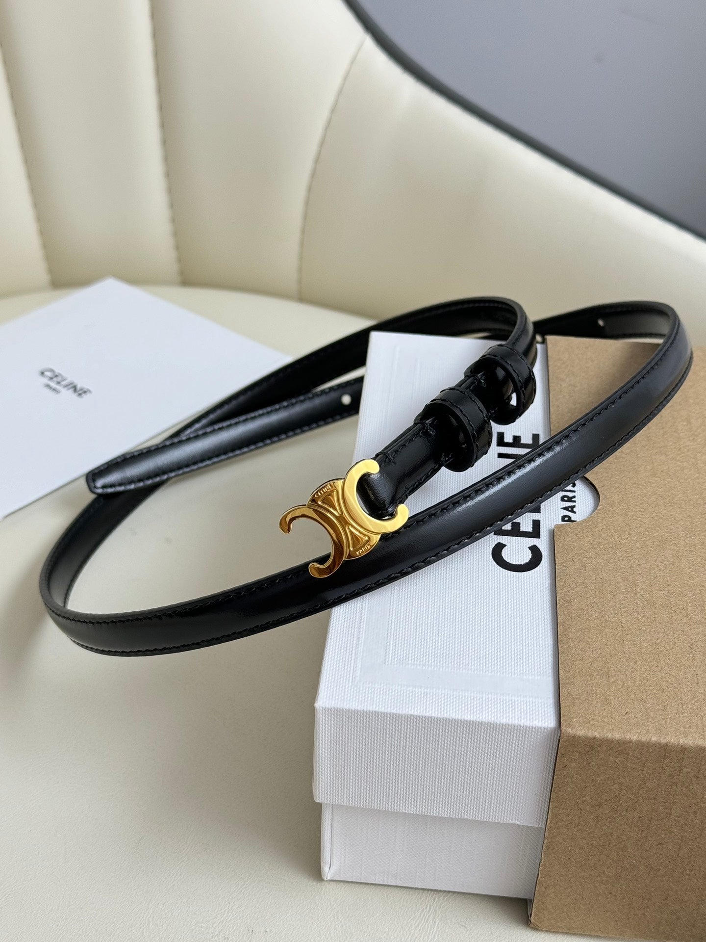 MINI TRIOMPHE BELT 13 MM BLACK LEATHER GOLD HARDWARE - 30