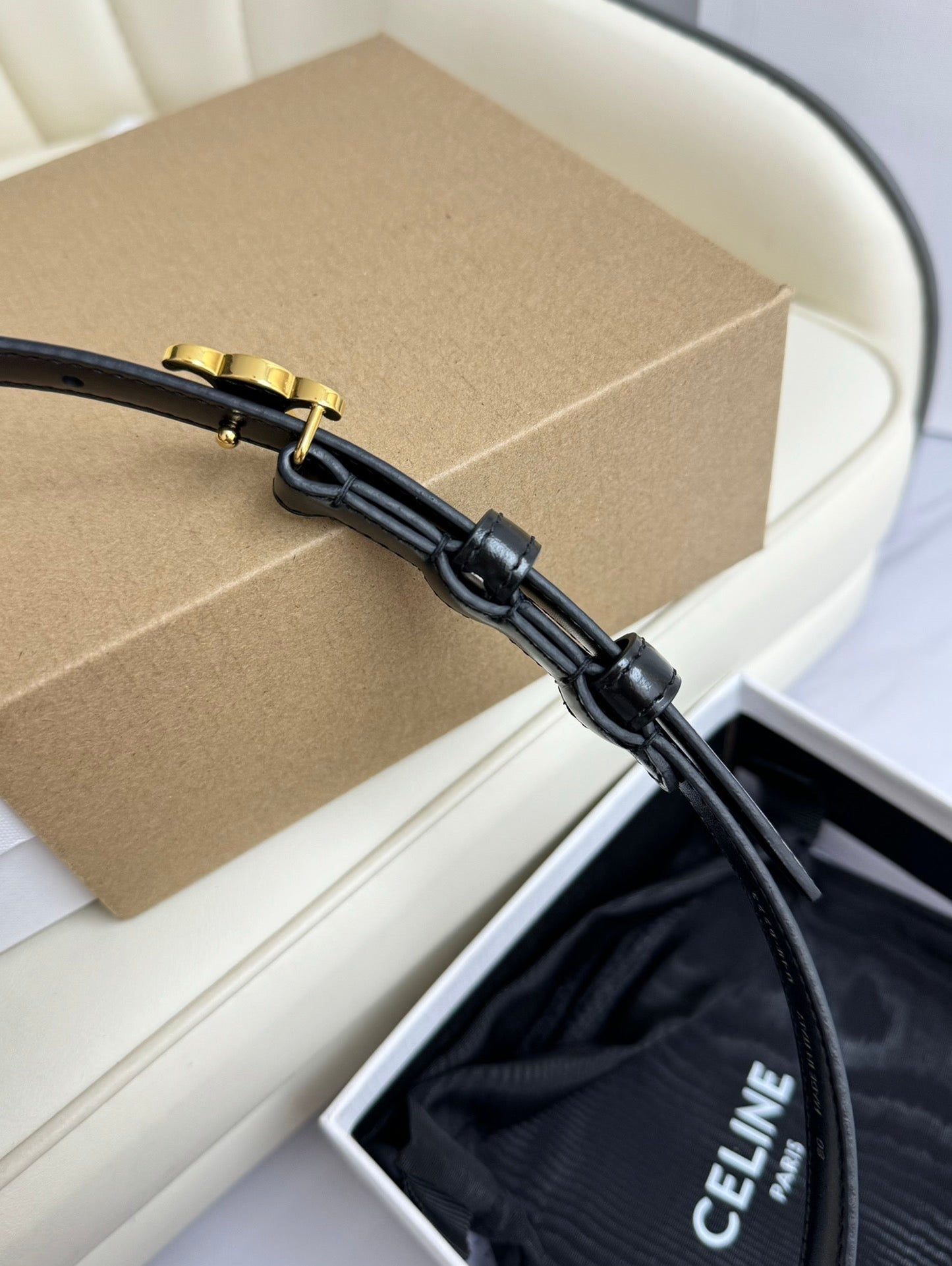 MINI TRIOMPHE BELT 13 MM BLACK LEATHER GOLD HARDWARE - 30