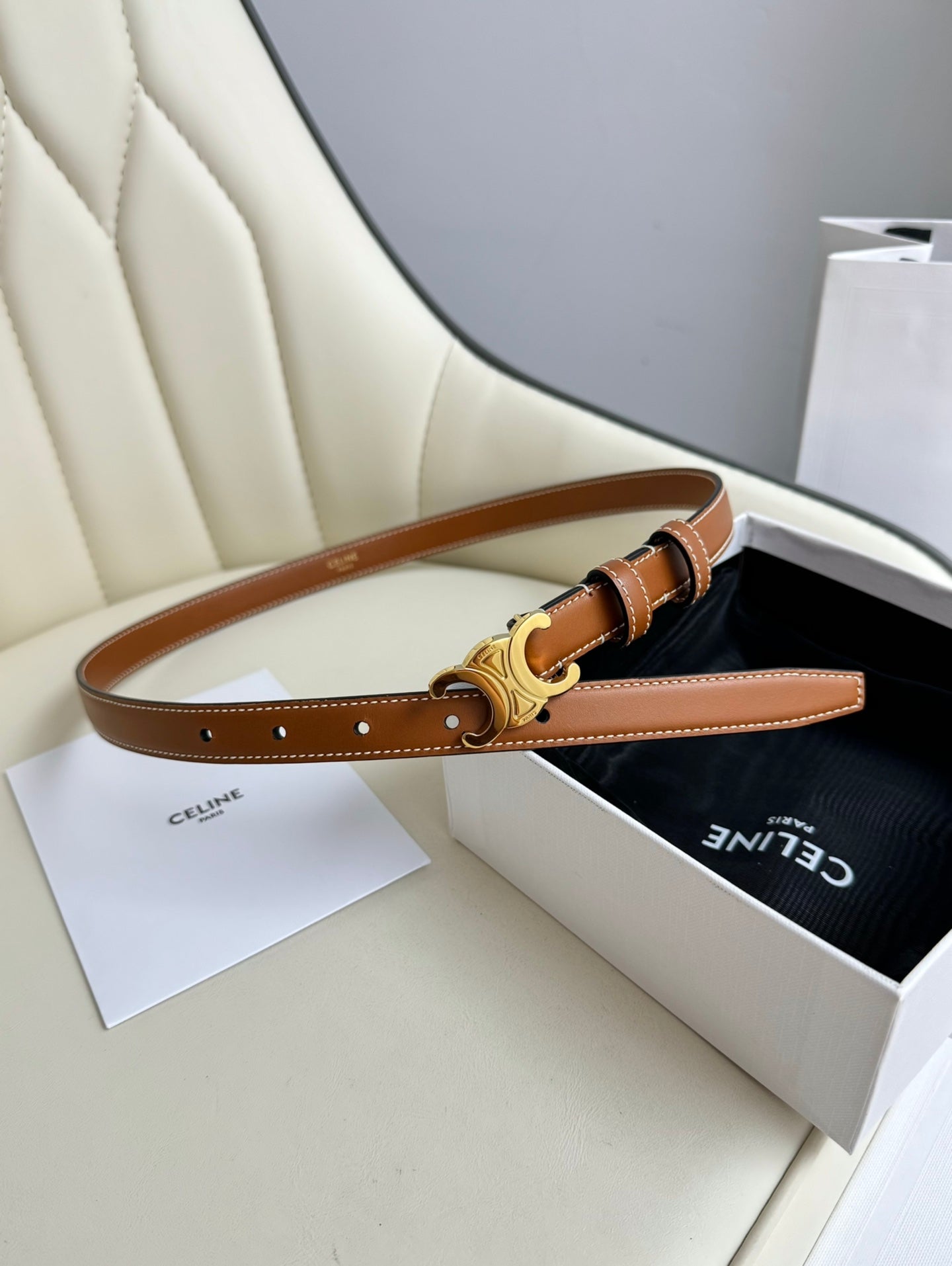 SMALL TRIOMPHE BELT 18 MM BRONZE BROWN LEATHER GOLD HARDWARE - 30