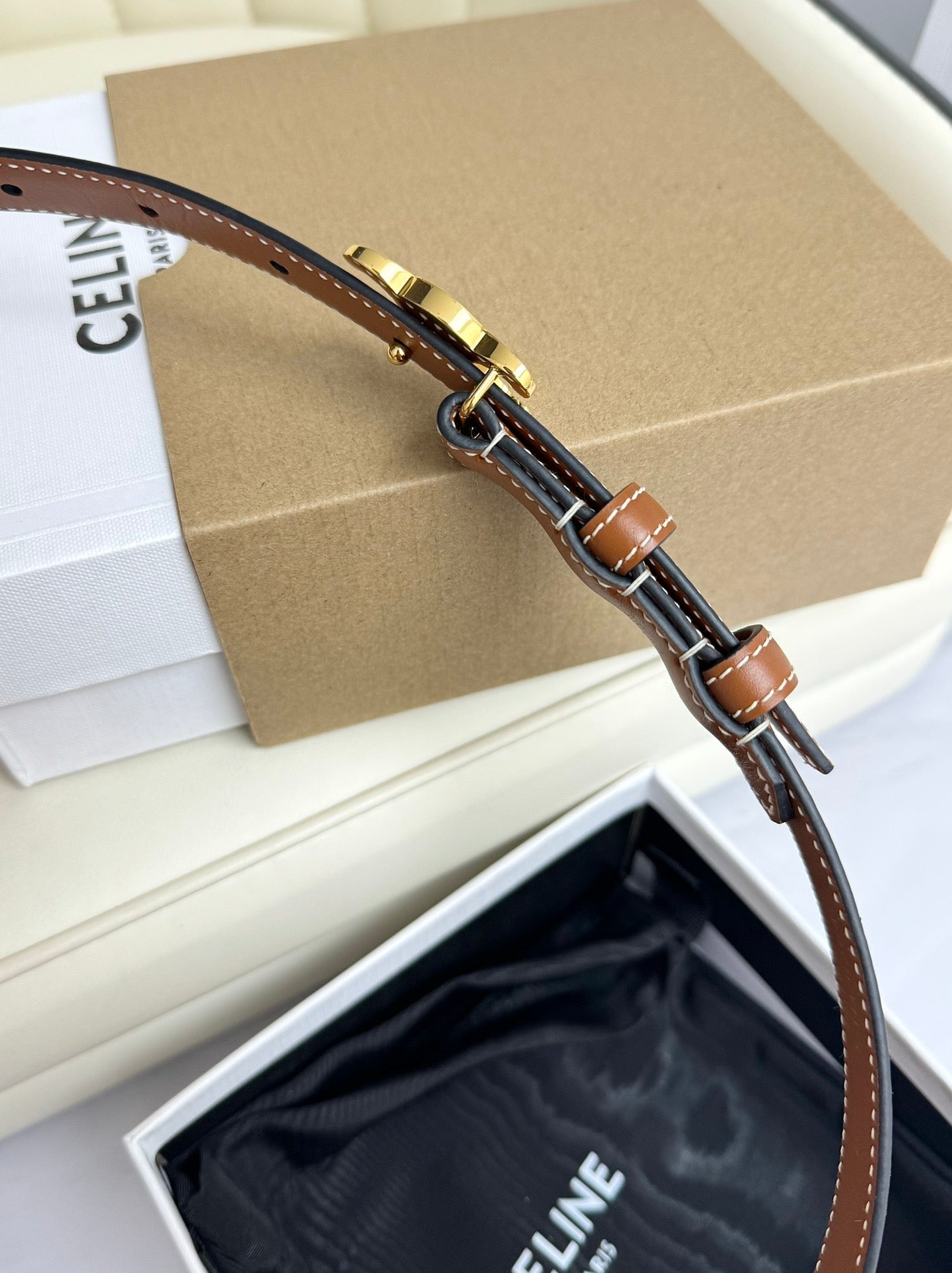 SMALL TRIOMPHE BELT 18 MM BRONZE BROWN LEATHER GOLD HARDWARE - 30