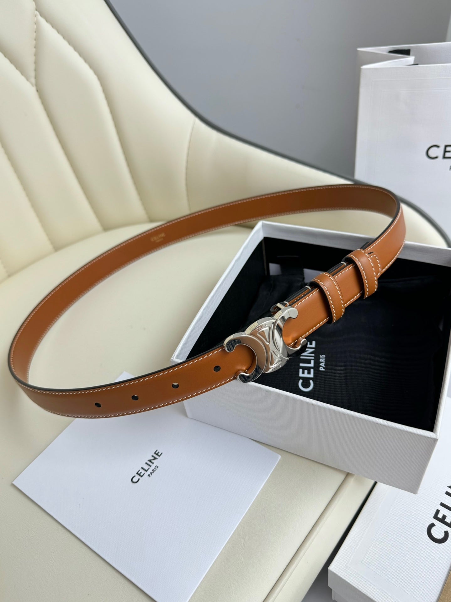 SMALL TRIOMPHE BELT 18 MM BRONZE BROWN LEATHER SILVER HARDWARE - 30