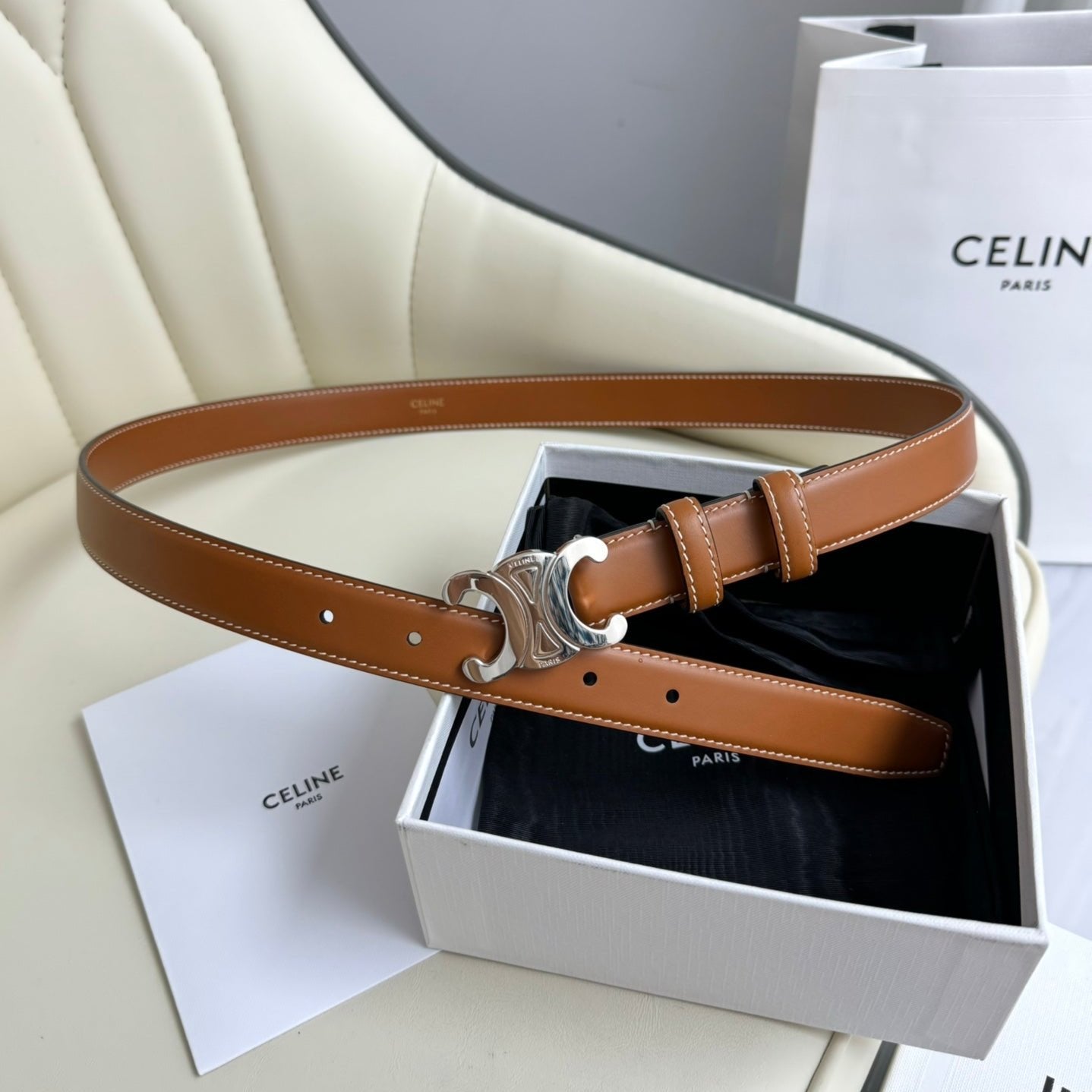 SMALL TRIOMPHE BELT 18 MM BRONZE BROWN LEATHER SILVER HARDWARE - 30