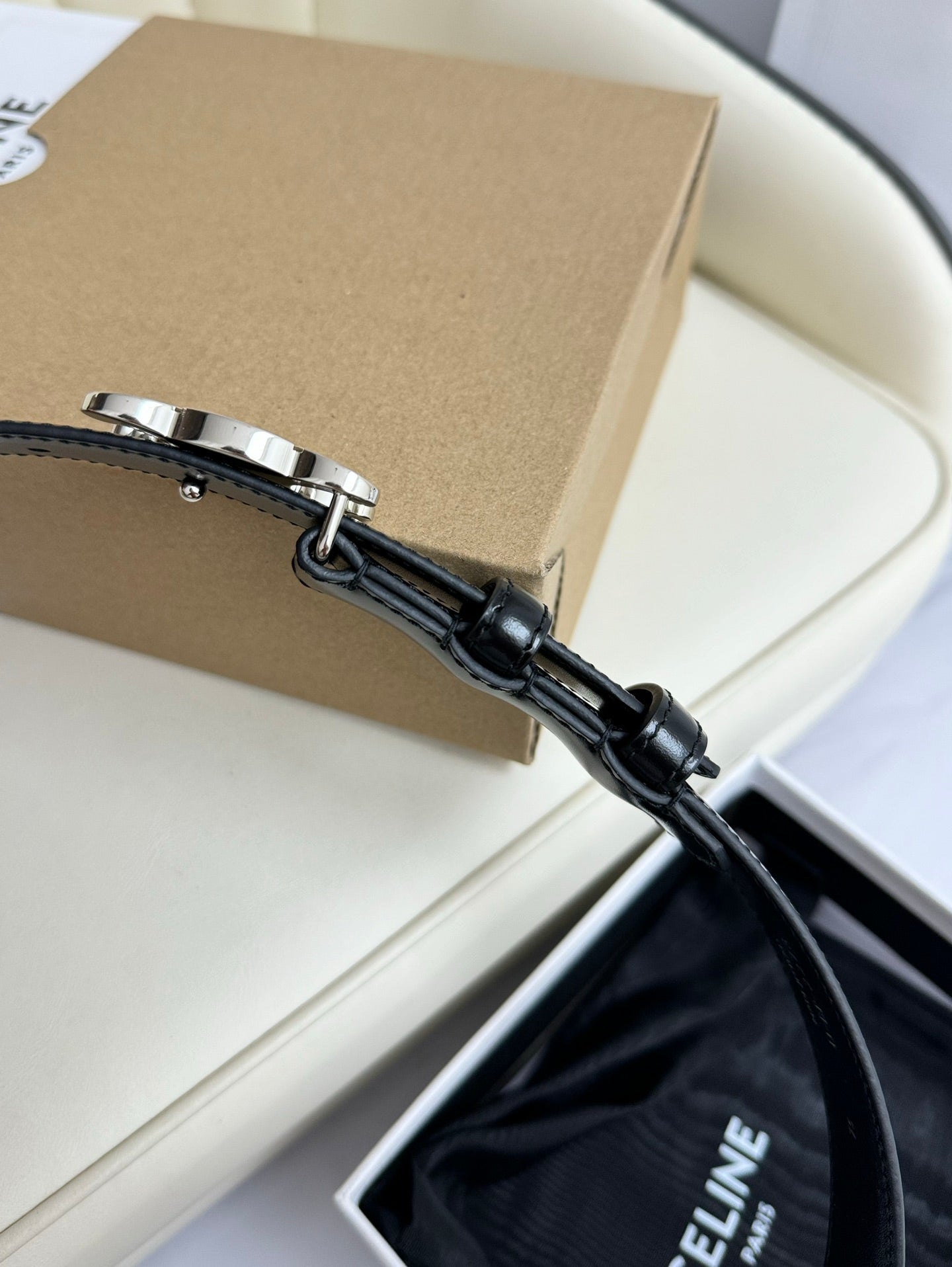 SMALL TRIOMPHE BELT 18 MM BLACK LEATHER SILVER HARDWARE - 30