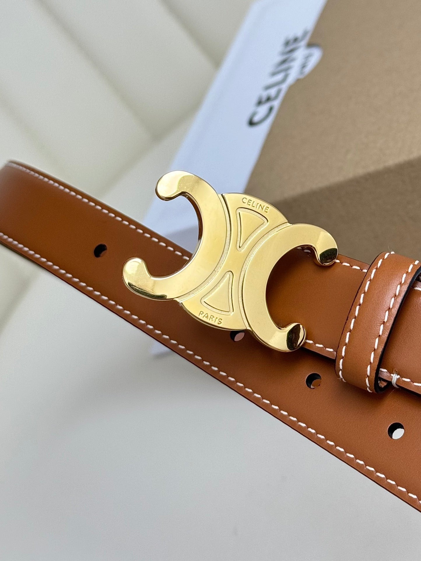 MEDIUM TRIOMPHE BELT 25MM BRONZE BROWN LEATHER GOLD HARDWARE - 30