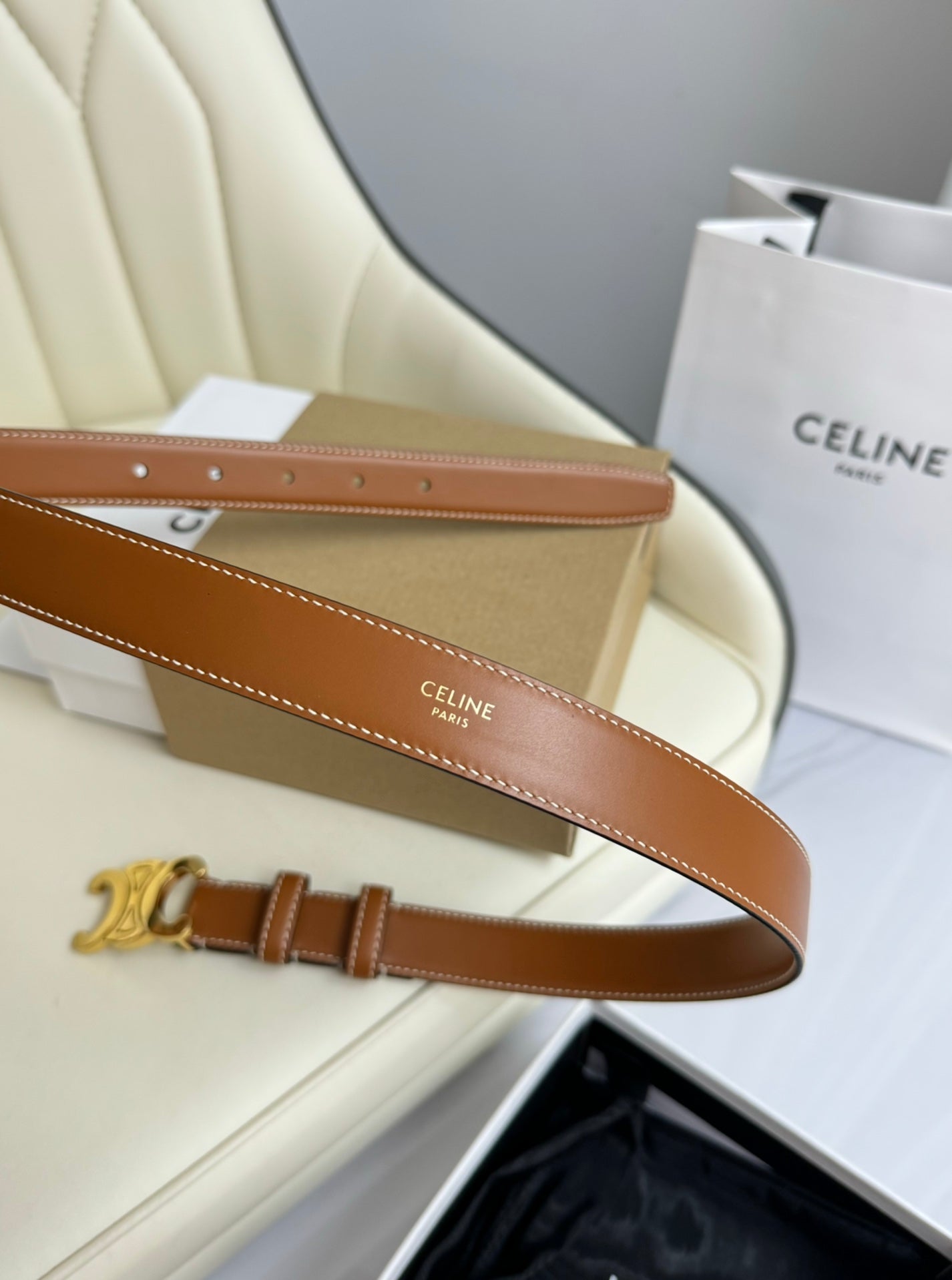 MEDIUM TRIOMPHE BELT 25MM BRONZE BROWN LEATHER GOLD HARDWARE - 30