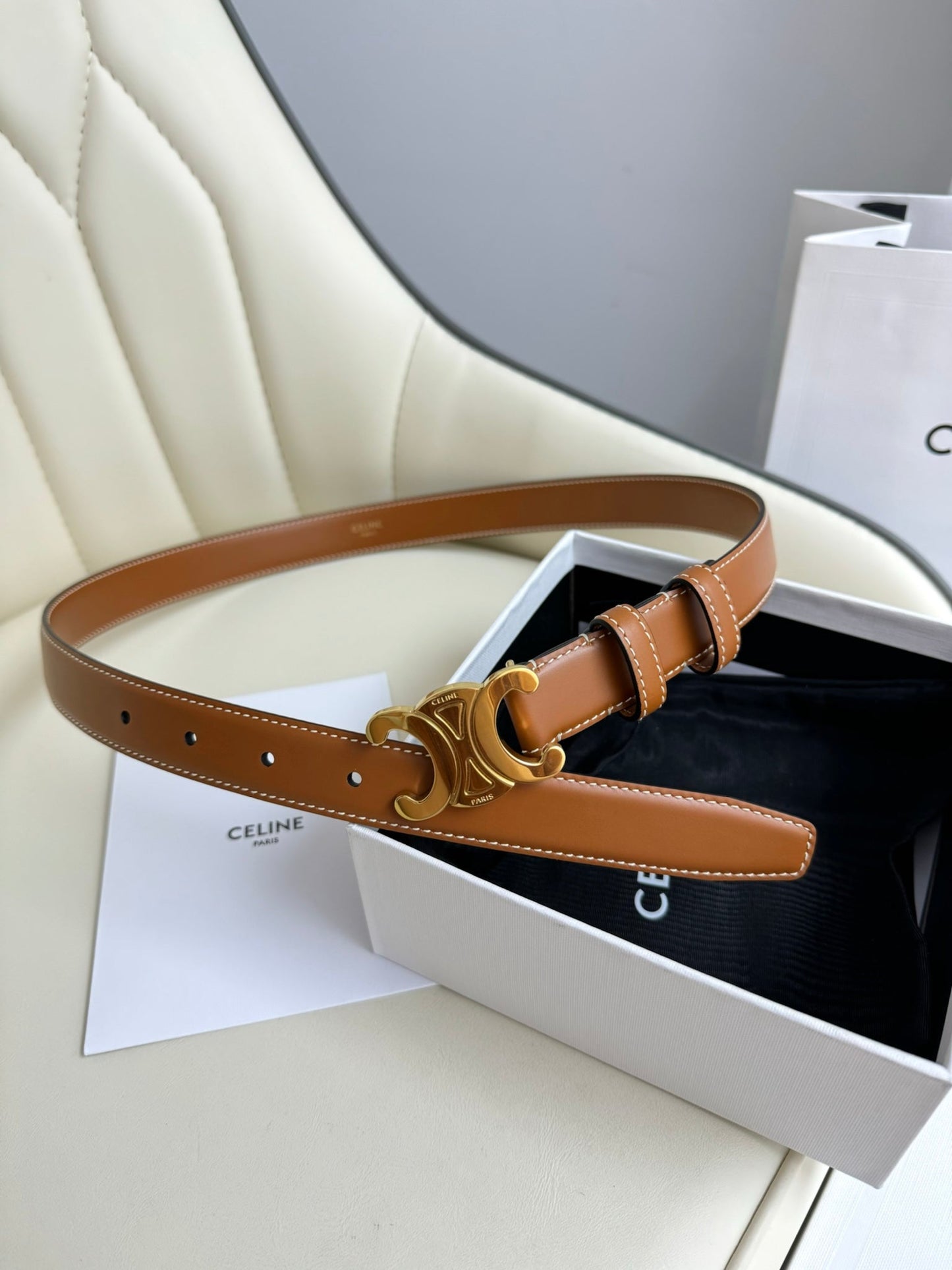 MEDIUM TRIOMPHE BELT 25MM BRONZE BROWN LEATHER GOLD HARDWARE - 30