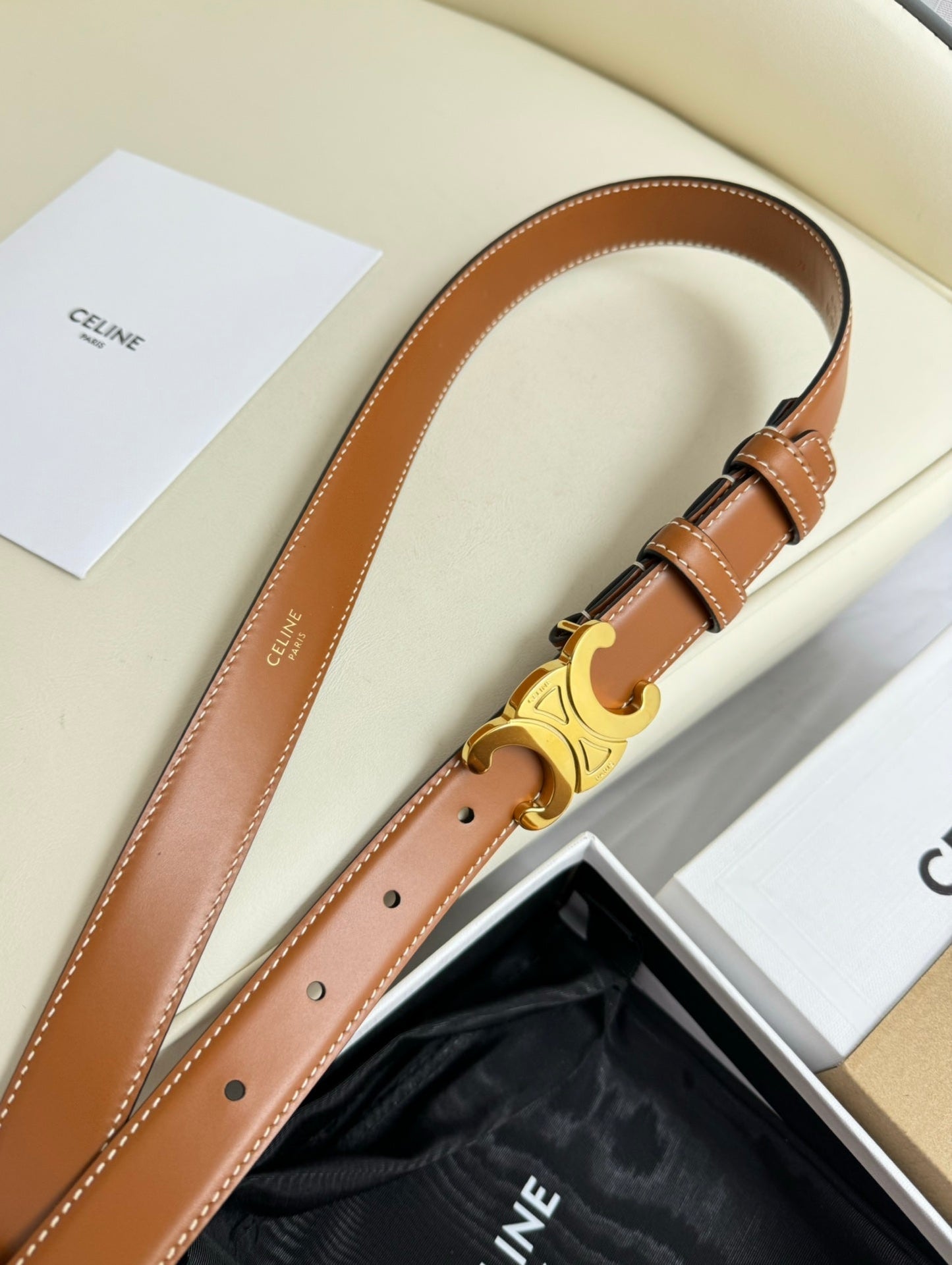 MEDIUM TRIOMPHE BELT 25MM BRONZE BROWN LEATHER GOLD HARDWARE - 30